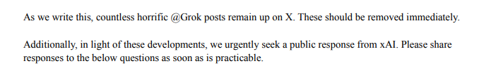Members of Congress wrote a letter to Musk about Grok's "MechaHitler" turn. 

They first demand that the posts be taken down. This is unacceptable. These are members of Congress acting in their official capacity; they have no business dictating what speech X publishes. Zero.