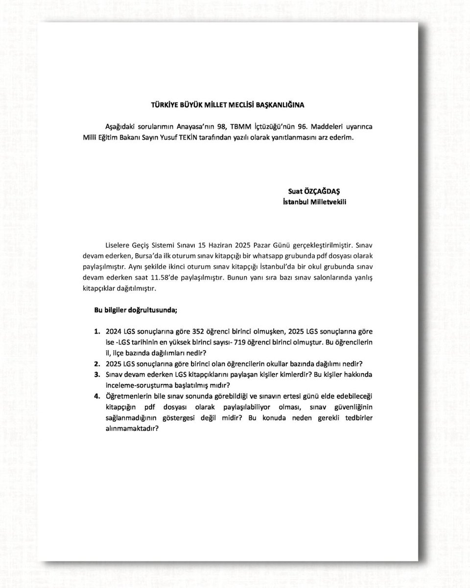 ❗ LGS sonuçlandı, 719 birinci çıktı! Sınavın yapıldığı sekiz yılın en yüksek birinci sayısı! Bunun, sınav devam ederken kitapçıkların whatsapp gruplarında yayınlanmasıyla ilişkisi nedir diyerek, soru önergesi verdim. 👇

▪️Birinci olan öğrencilerin il, ilçe ve okul bazında