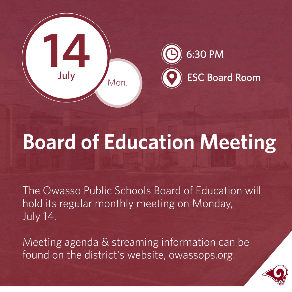 The OPS Board of Education will hold its regular monthly meeting at 6:30pm on Monday, July 14. Meeting agenda &amp; streaming information can be found on the district's website here: bit.ly/3ZaNQcF

#RamPride #RamFam