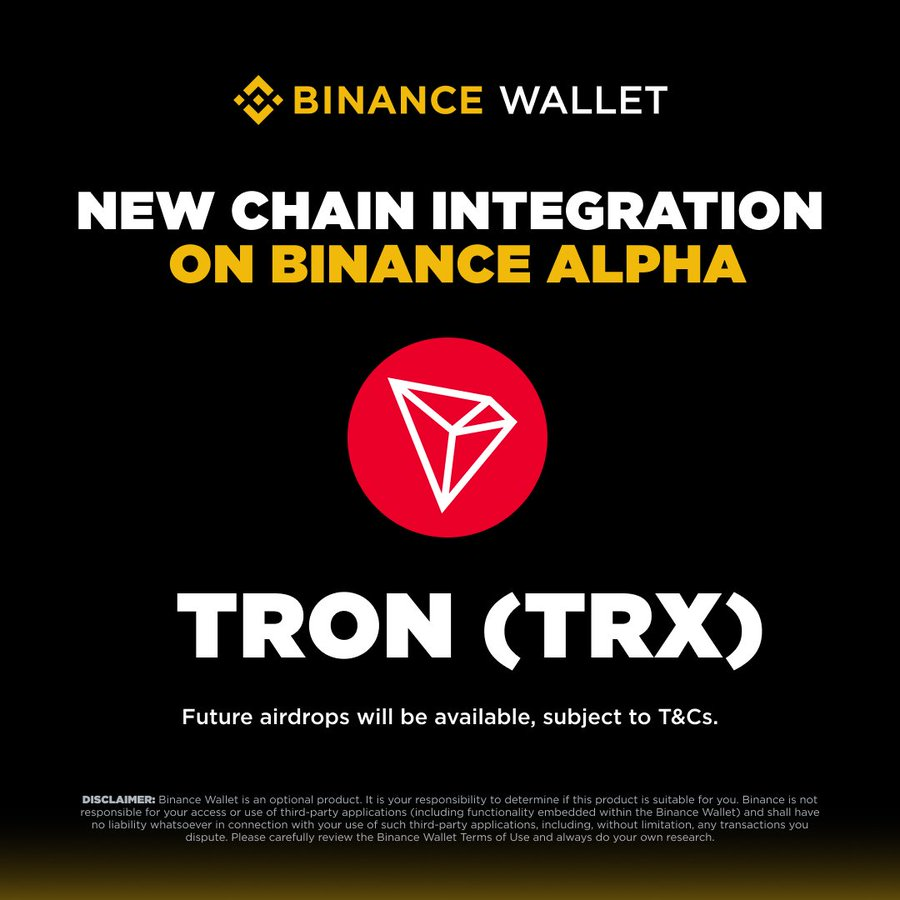 🚨BREAKING $NEWS: @BINANCE AND @JUSTINSUNTRON ANNOUNCE PARTNERSHIP TO INTEGRATE TRON ECOSYSTEM PROJECTS INTO BINANCE ALPHA
