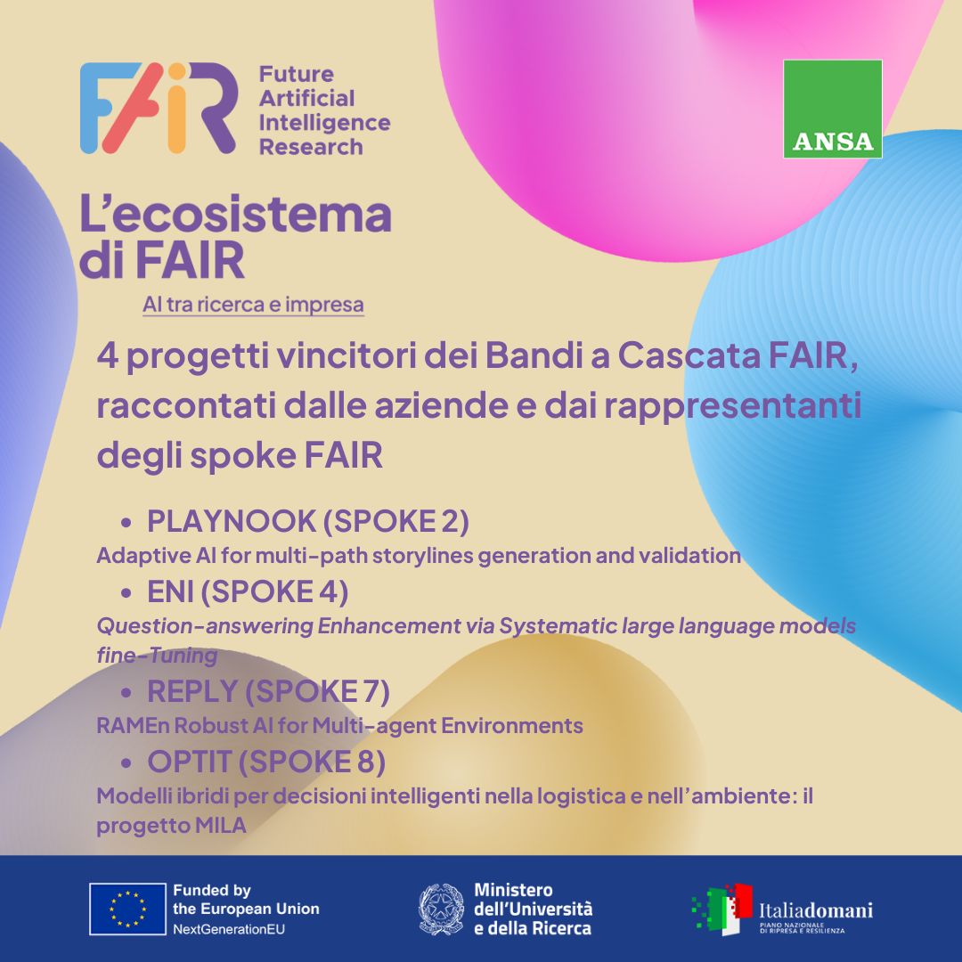 Il 14/07 a “Ecosistema #FAIR: #AI tra ricerca e impresa” 4 aziende italiane racconteranno sul palco i progetti #AI e le sfide affrontate.
🎤 <a href="/eni/">eni</a> – Question-answering Enhancement con LLM
🎤 <a href="/PlayNook/">PlayNook Games</a> – AudioGames
🎤 <a href="/Reply_ITA/">Reply</a> – RAMEn
🎤 <a href="/OptitSrl/">Optit srl</a> – MILA
fondazione-fair.it/news/le-aziend…