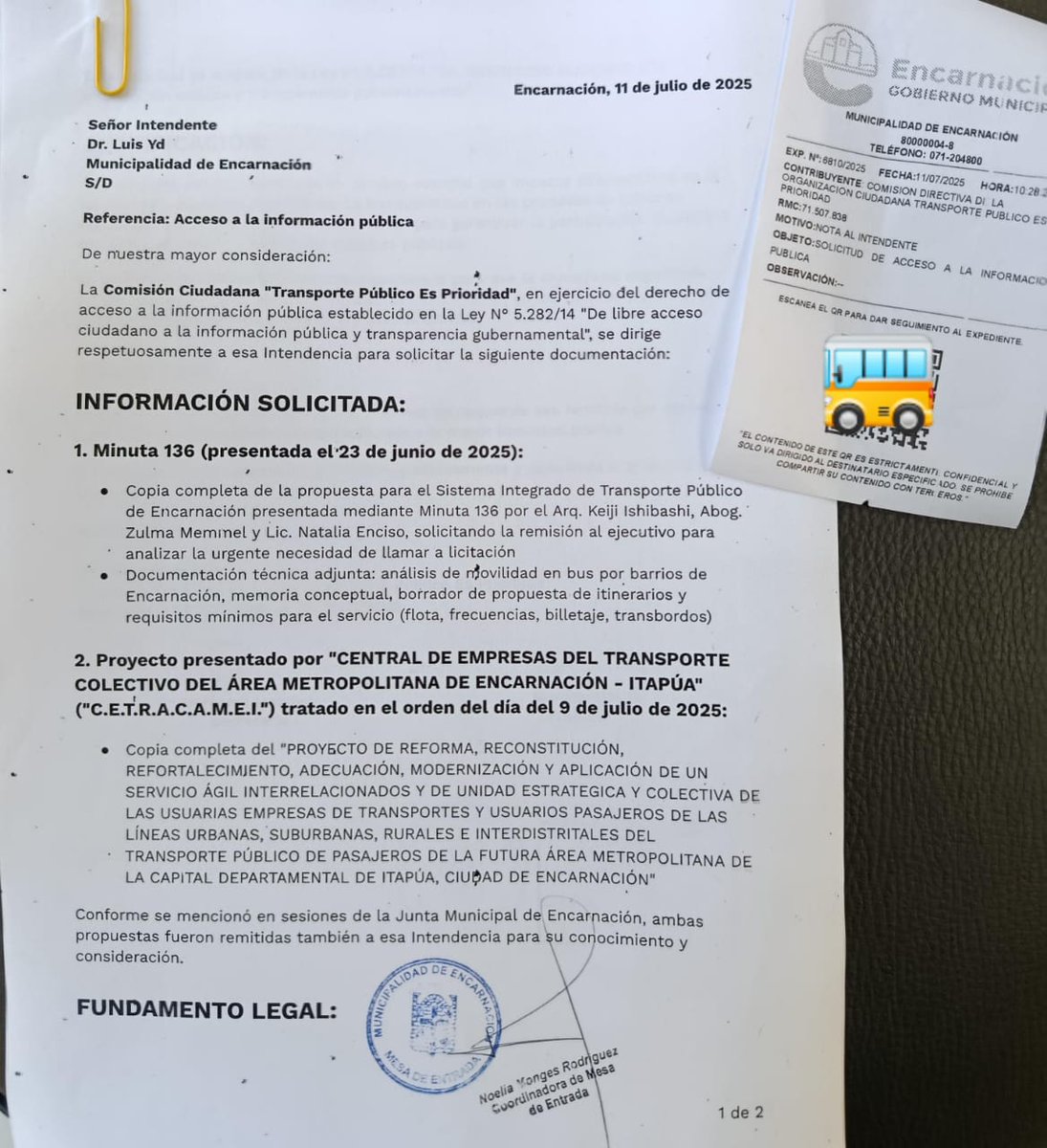 🚌 PEDIMOS ACCESO A NUEVAS PROPUESTAS DE TRANSPORTE

Solicitamos al Intendente <a href="/MuniEncarnacion/">Encarnación</a> documentación sobre las propuestas en estudio:

📋 Minuta 136 (Sistema Integrado para Encarnación)
📋 Proyecto CETRACAMEI

📖 transporteesprioridad.blogspot.com/2025/07/solici…
