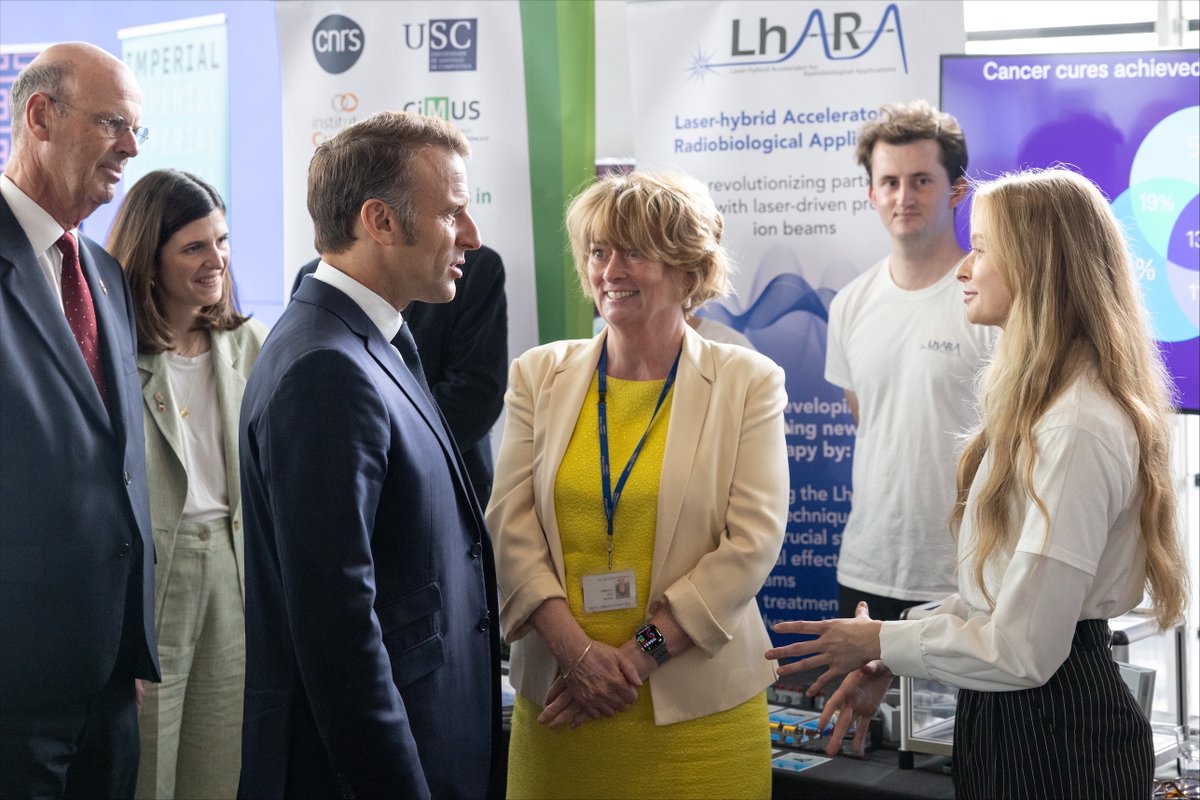 LhARAorg's tweet photo. Congratulations to @imperialcollege  on hosting President @EmmanuelMacron  during this week’s State Visit and on the launch of major Franco-British research initiatives, including the Ayrton–Blériot Lab, the Entente Cordiale AI Initiative, and the Inria-UCL Joint Centre.

At LhARA and @Leo_Cancer_Care , we’re proud to be part of the momentum driving UK-France scientific collaboration forward.

Our partnership brings together cutting-edge accelerator science and patient-centred radiotherapy innovation to transform cancer care, starting with how we understand the biology of radiation and ending with more precise, more comfortable treatment delivery.

LhARA’s laser-hybrid accelerator technology and Leo’s upright treatment platforms reflect what’s possible when international collaboration, academic excellence, and clinical need come together.

President Macron’s visit is a strong signal that the future of global health innovation is collaborative. We’re honoured to be contributing to that vision.

In the photo:
@EmmanuelMacron @prof_price @KLong984822 @calvin_dys68351 @McgarrigleJosie 

Photo taken by @thethomasangus 

#LhARA #LeoCancerCare #ImperialCollege #FrancoBritish #Radiotherapy #Innovation #StateVisit #ScienceDiplomacy #ParticleTherapy #CancerResearch #UKFrance #ISRS2025