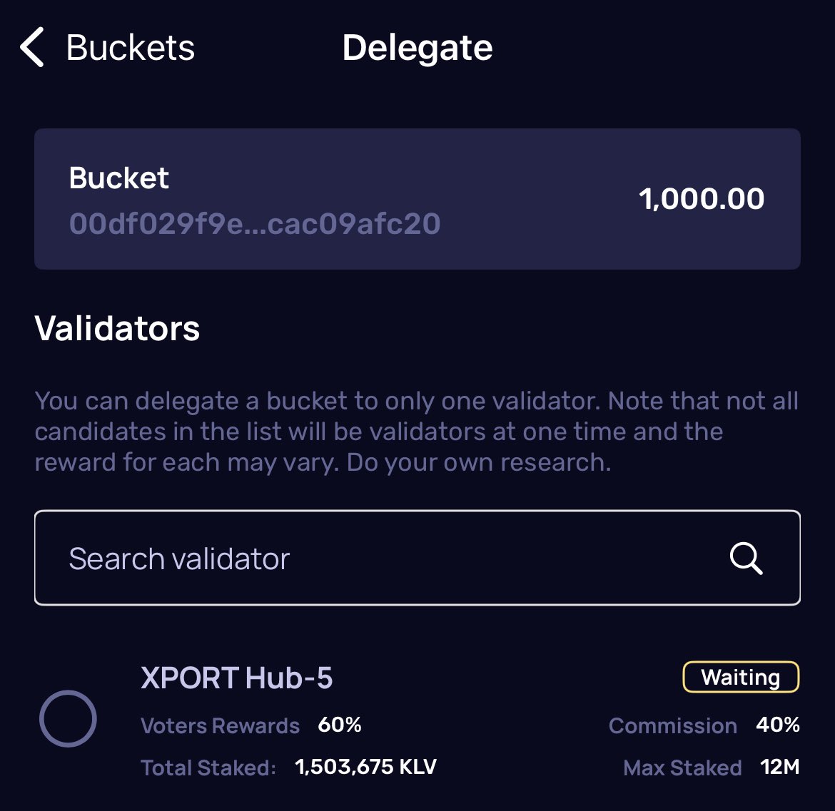 🟣 Our new KleverChain validator XPORT Hub-5 is now open for delegation

Voters rewards: 60%
Status: Waiting
max Staked: 12m $KLV

You can delegate via Klever Wallet — just search for XPORT Hub-5.

Thanks to everyone who’s already supporting us 💜 #Klever #KLV #Staking #Validator