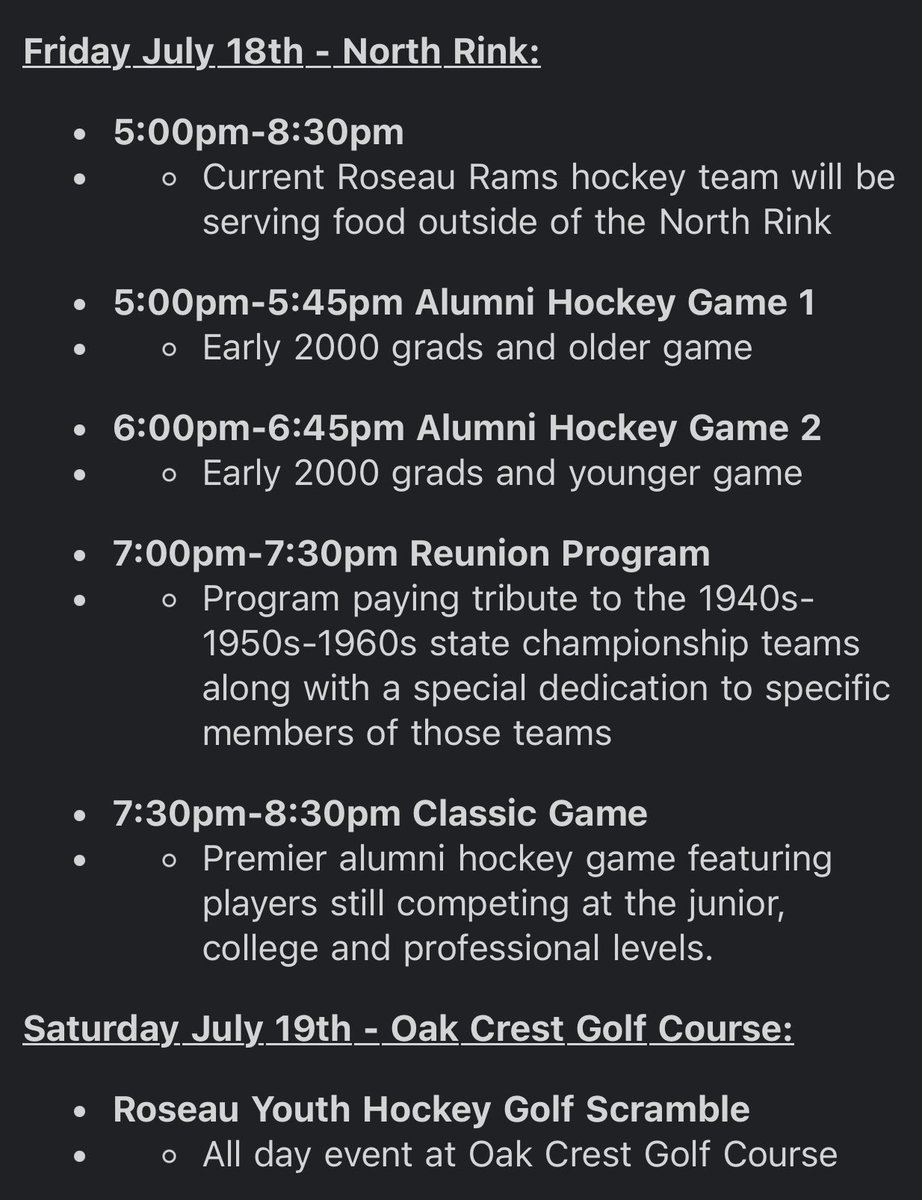 🚨 Roseau Hockey Reunion 🚨

Next weekend’s schedule below👇