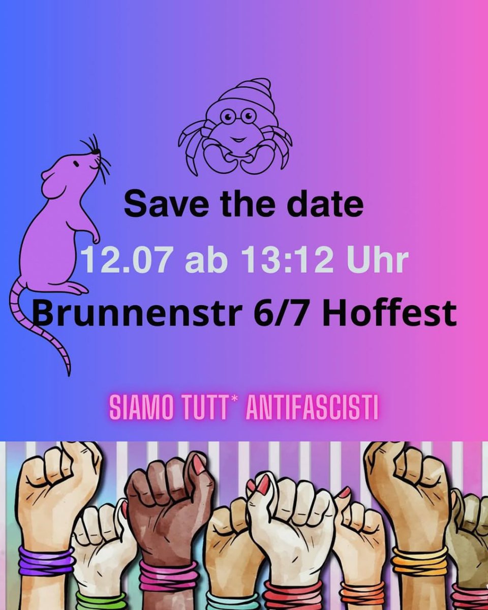 💥Ankündigung! Samstag 12.07.2025💥

🎊 BRUNNEN 6/7 Hoffest 🎉

Samstag, 12.07.2025 | 13:12 Uhr | Brunnenstraße 6/7, 10961 Berlin

Anreise: U8, Tram 50, M1, M8, Bus 142 Rosenthaler Platz

📣 Aufruf: asanb.noblogs.org/?p=12239 - @brunnensechssieben

#b1207 #BrunnenHoffest