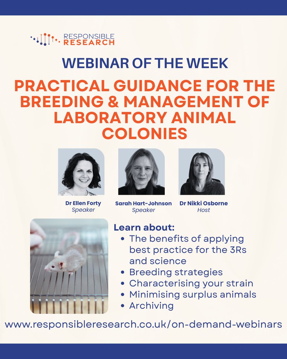 🔹 Webinar of the Week 🔹
Practical Guidance for the Breeding &amp; Management of Laboratory Animal Colonies. Explore best practice with Dr Ellen Forty, Sarah Johnson &amp; Dr Nikki Osborne.
👉 Watch on-demand: attendee.gotowebinar.com/register/56303…
#3Rs #AnimalResearch #NC3Rs