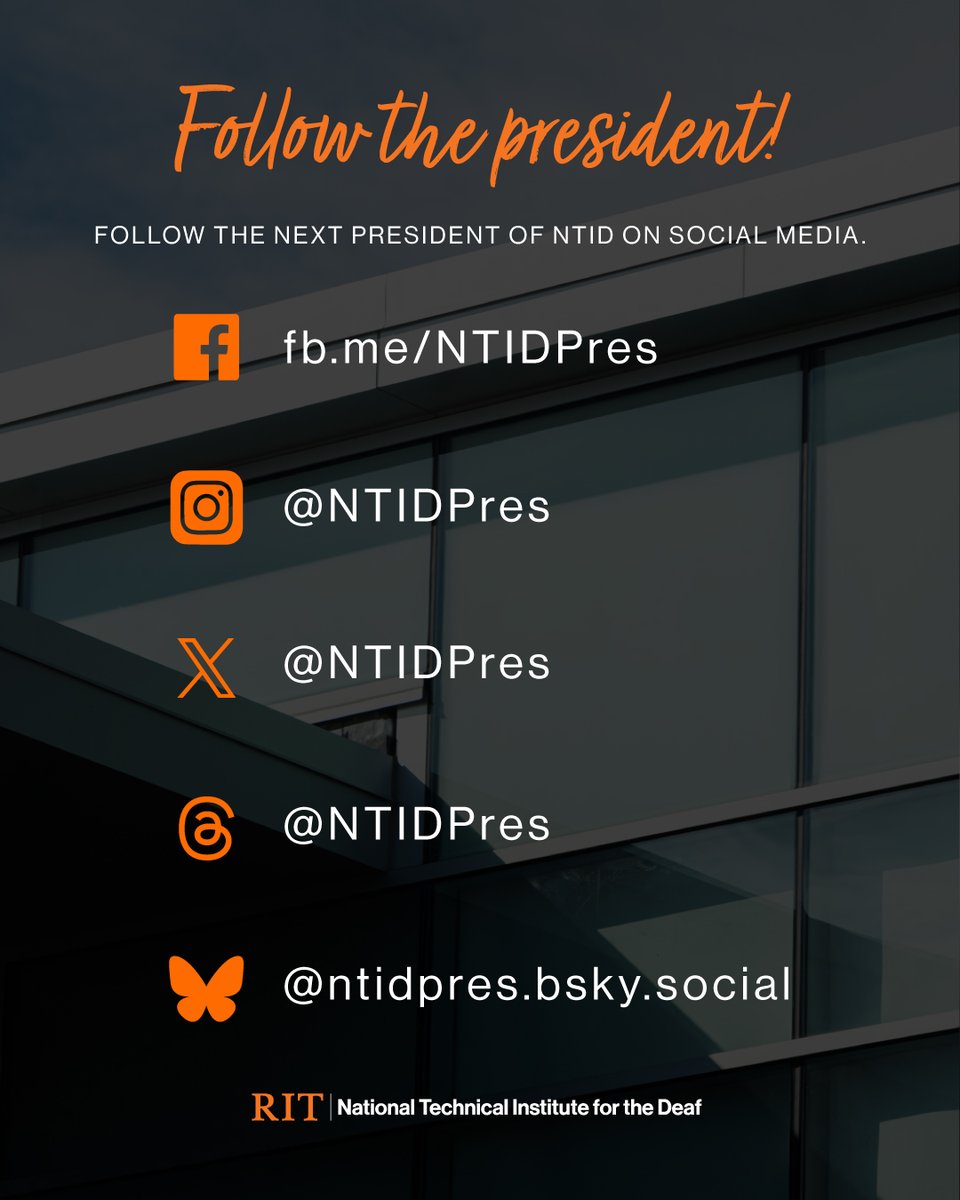 RITNTID's tweet image. 👋 Get connected and stay in the know!
Follow the next president of NTID on social media and be part of the journey.
📲 Facebook: fb.me/NTIDPres
📸 Instagram / X / Threads: @NTIDPres
🦋 Bluesky: @ntidpres.bsky.social
#NTIDPres #RITNTID