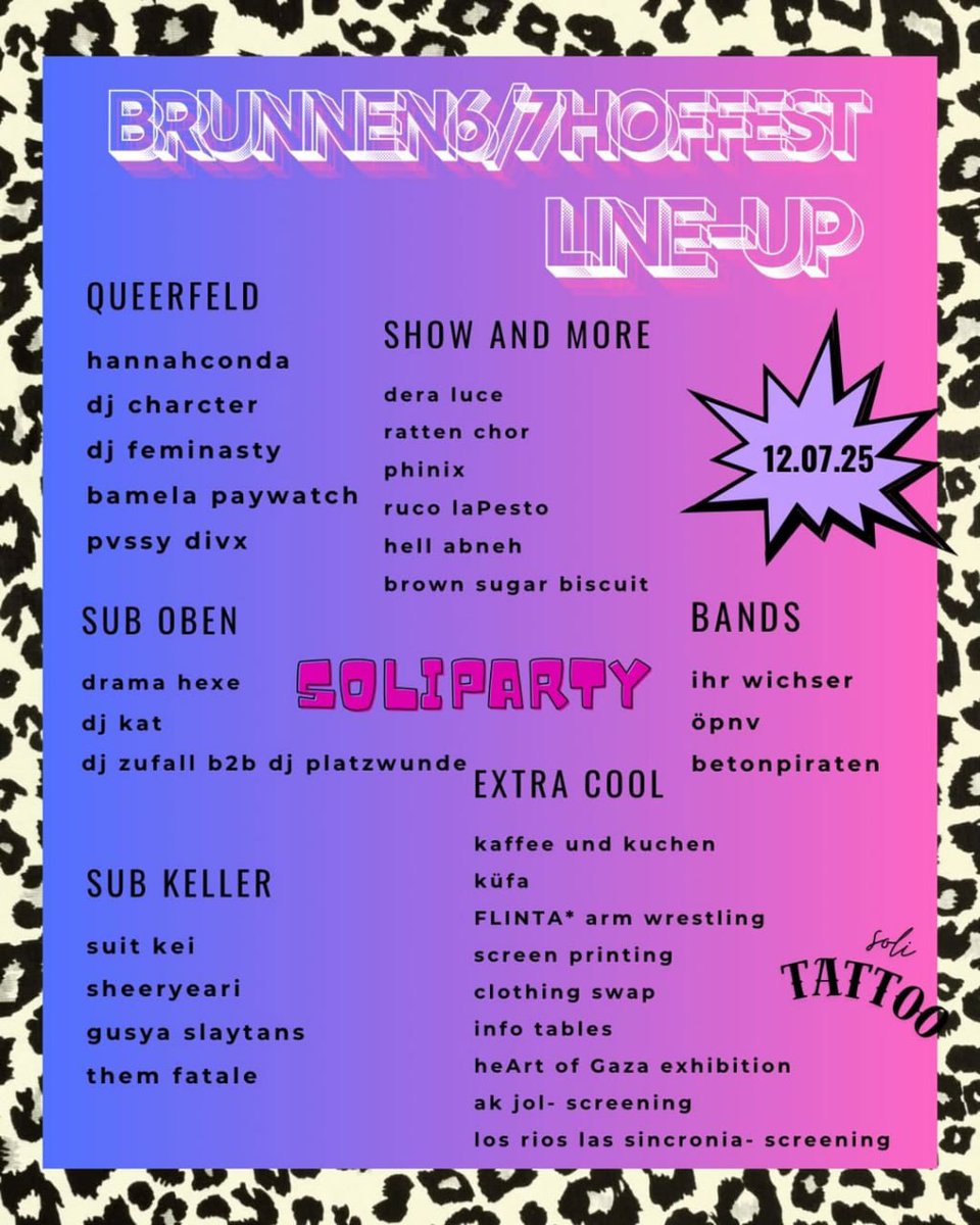 💥Announcement! Saturday 12.07.2025💥

🎊 Brunnenstraße 6/7 Courtyard Festival 🎉

Saturday, 12.07.2025 | 1:12 p.m. | Brunnenstraße 6/7, 10961 Berlin

Arrival: U8, Tram 50, M1, M8, Bus 142 Rosenthaler Platz

📣 Call: asanb.noblogs.org/?p=12239 

#b1207 #BrunnenHoffest