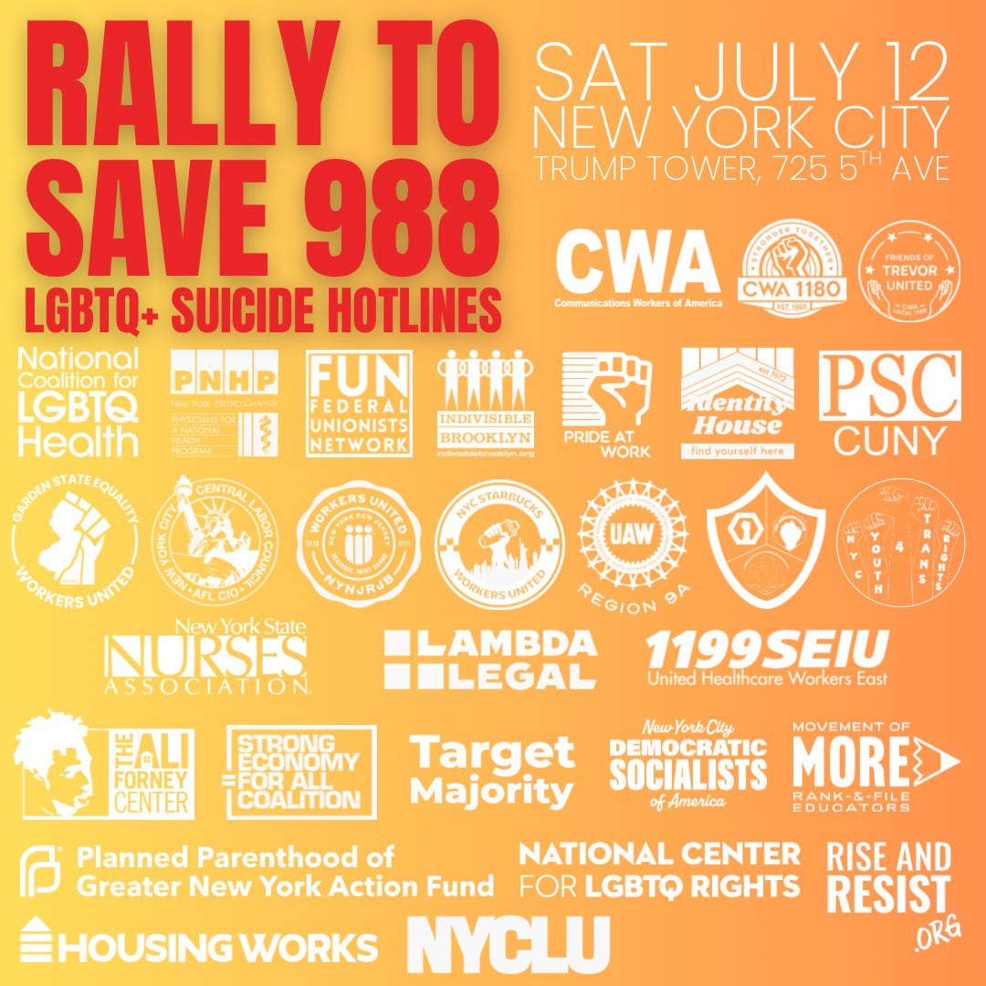 CWADistrict1's tweet image. Join us this Saturday, 12:30 PM at Trump Tower to protest the administration's move to end the 988 LGBTQ+ Suicide Hotline
“People are going to die,” Gloria Middleton, president of @CWA1180 Local 1180, which represents the workers providing the service
gothamist.com/news/lgbtq-sui…