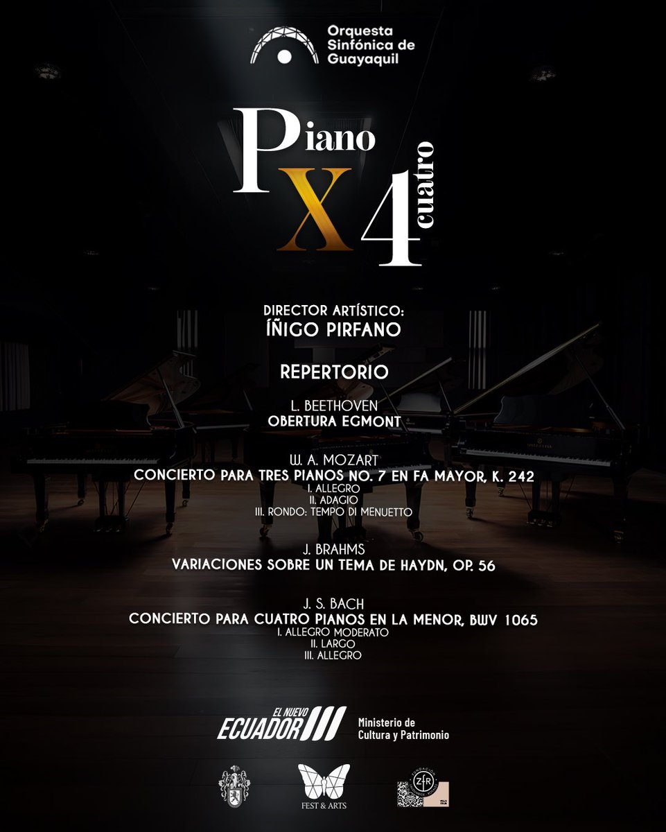 🎹✨ Cuatro pianos, un viaje único por Beethoven, Mozart, Brahms y Bach. 
Conoce nuestro repertorio!!!

🎶 Este 11 de julio 🗓️ 19:00 🕖 en el Teatro Centro de Arte 🎭. ¡Vívelo! 🎟️ #PianoX4