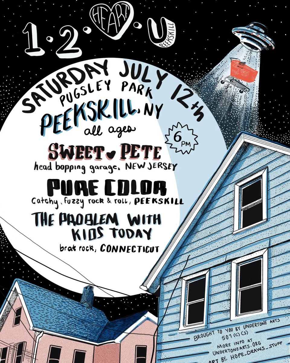 CityOfPeekskill's tweet image. Join Undertone Arts for its ONETWOHEARTU concert this Saturday, July 12th, starting at 6:00 pm in Pugsley Park. All are welcome to attend and enjoy live music from Sweet Pete, Pure Color, and The Problem with Kids Today.