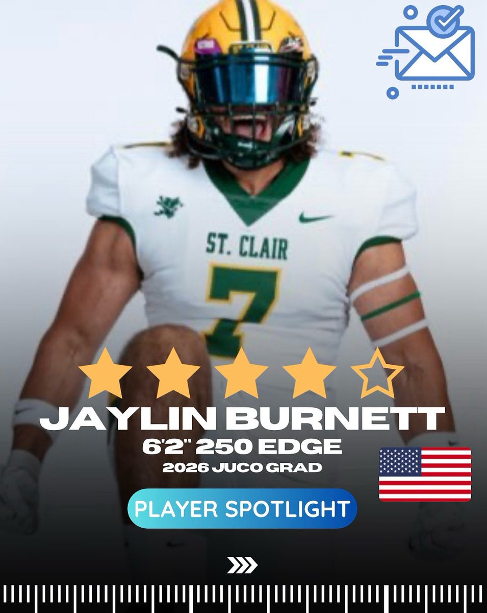⭐️ Player Spotlight⭐️

<a href="/BurnettJaylin/">Jaylin Burnett 4⭐️D-End Edge Rusher</a> EDGE
➡️ 6’2” 250 
🌟4/5 Grade 
🎓2026 JUCO Grad (January enrollement)