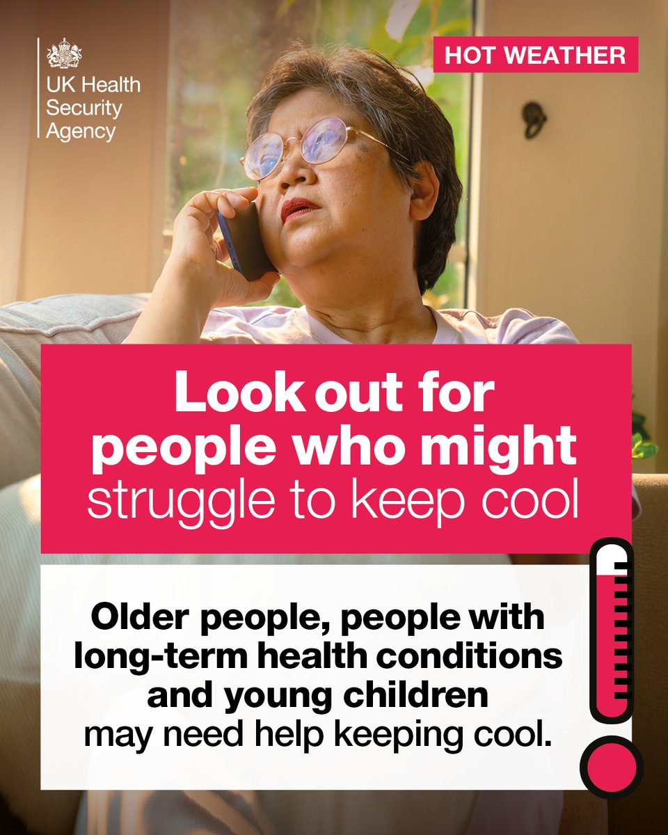 During the hot weather, keep a close eye on older people, young children, and people with long-term health conditions, as their bodies can struggle to cope with the heat and they are at greater risk of becoming unwell. 🌞🥵

🔗gov.uk/government/pub…