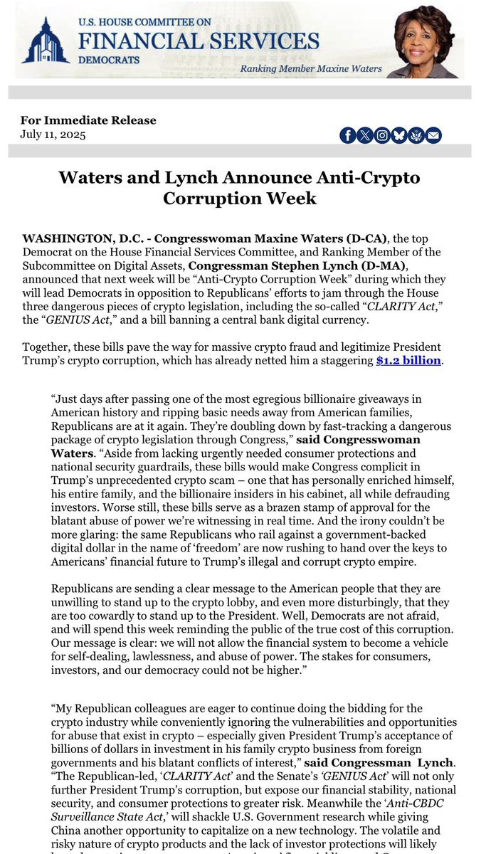 🚨BREAKING $NEWS: IN COUNTER TO GOP'S 'CRYPTO WEEK' DEMOCRATIC REPS MAXINE WATERS AND STEPHEN LYNCH LAUNCH EFFORT TO BLOCK GENIUS ACT, CLARITY ACT, ANTI-CBDC BILL