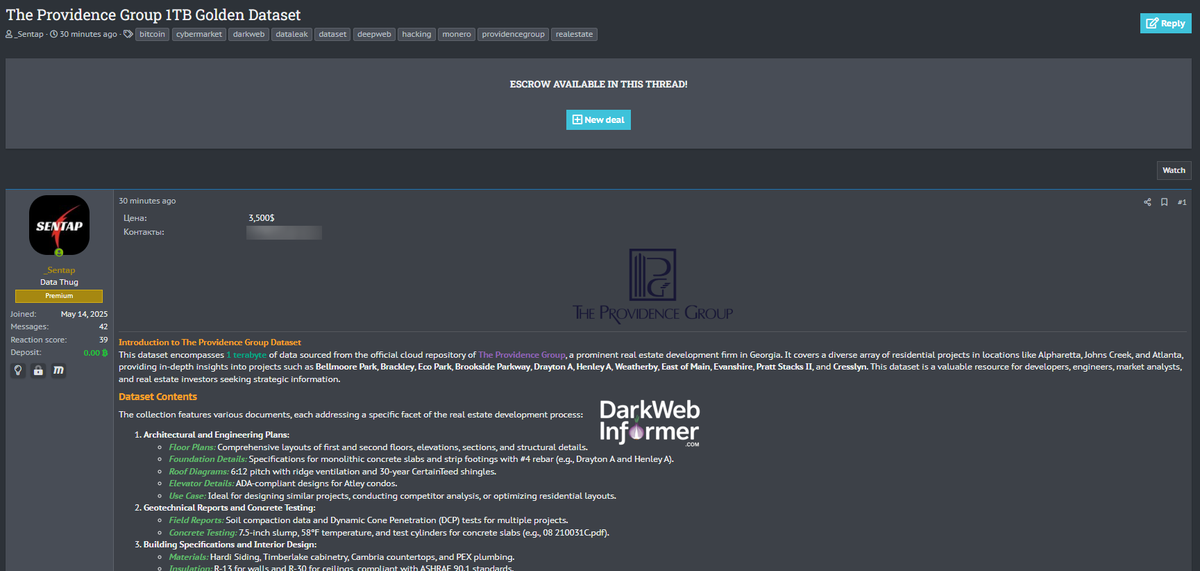 🚨🇺🇸1TB of data allegedly for sale from U.S. Real Estate developer The Providence Group