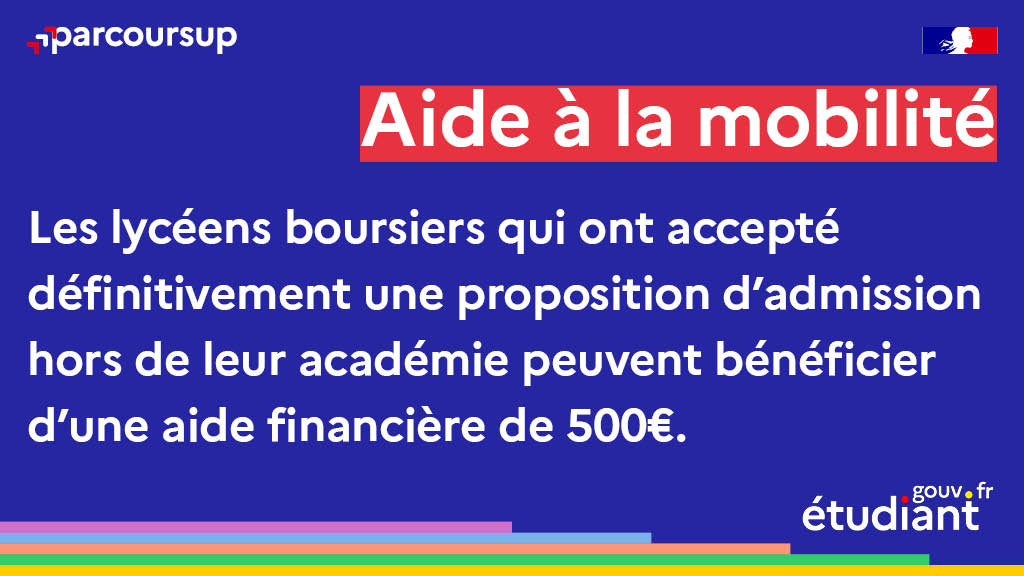 Vous êtes lycéen boursier, bachelier et avez accepté définitivement une proposition d'admission en dehors de votre académie de résidence ?

L'aide à la mobilité Parcoursup de 500€ vous aide à préparer votre rentrée !

👉 parcoursup.gouv.fr/preparer-sa-vi…

<a href="/etudiantgouv/">Etudiant.gouv</a> <a href="/Cnous_LesCrous/">Les Crous</a>