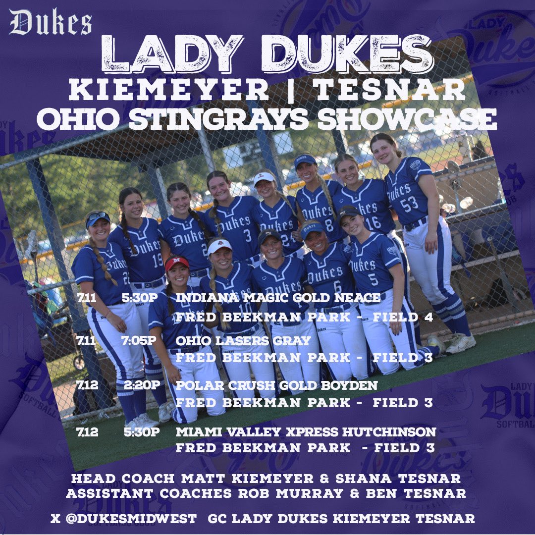 Lady Dukes 18U National - Kiemeyer/Tesnar (@dukesmidwest) on Twitter photo Such a fun group to coach and watch compete! 15-3 to start the summer. Come check them out in the Top 32 at the Stingrays Invite this weekend <a href="/LadyDukesLamar/">Lady Dukes Lamar</a> Such a fun group to coach and watch compete! 15-3 to start the summer. Come check them out in the Top 32 at the Stingrays Invite this weekend <a href="/LadyDukesLamar/">Lady Dukes Lamar</a>