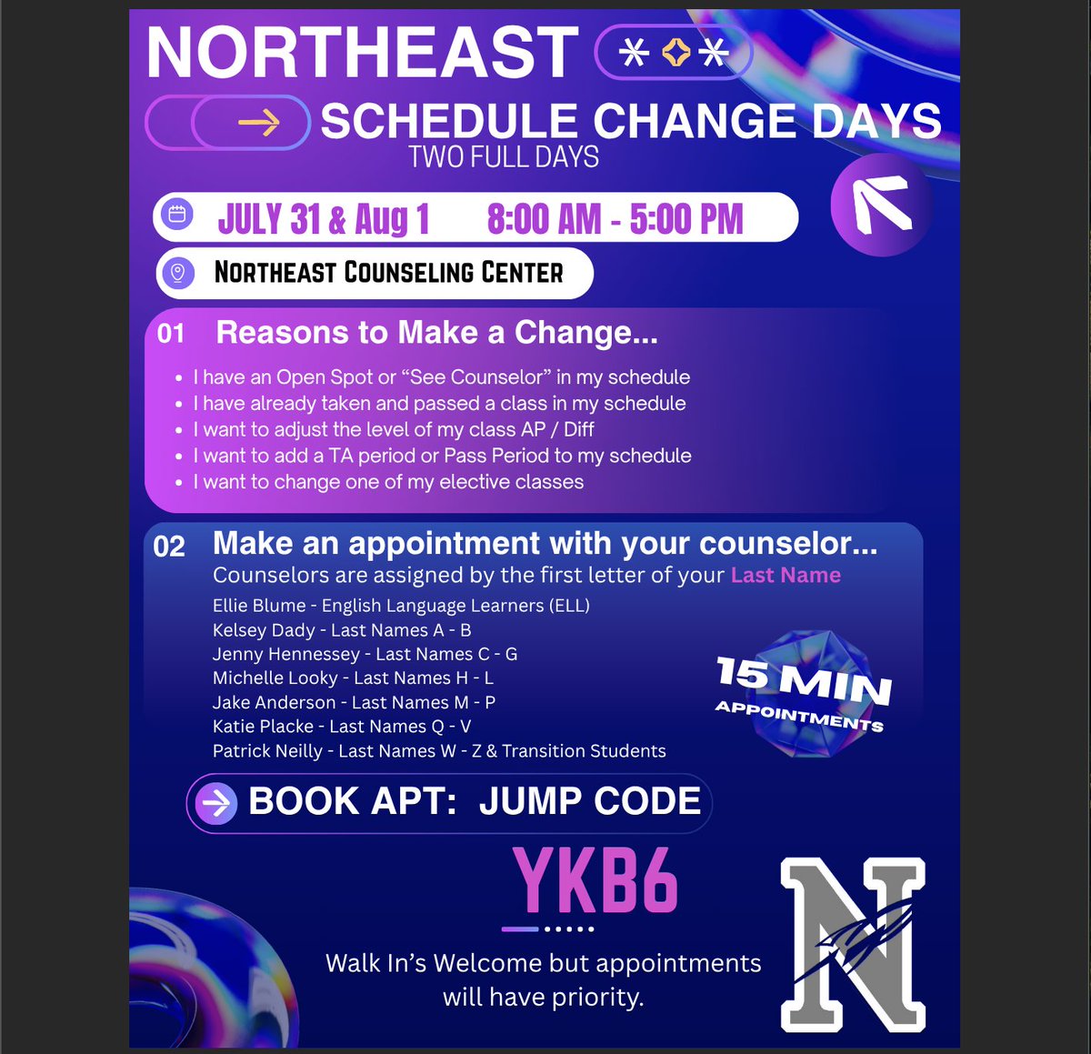 🚀Rocket Reminder🚀

Schedule Change days! 
🗓️July 31 &amp; Aug 1
🕰️ 8 AM - 5 PM (15 minute appointments)

Jump Code: YKB6 to schedule an appointment with your counselor! 

Appointment spots open on JULY 21st