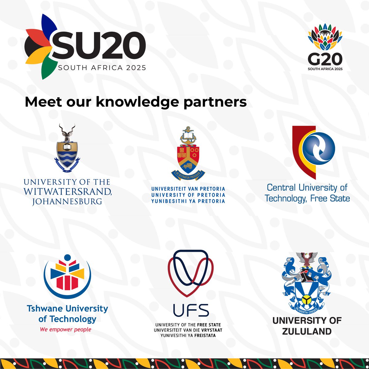We’re proud to announce our official #SU20 Knowledge Partners — leading South African universities shaping bold, evidence-based policy for Startups &amp; MSMEs.

A powerful alignment of government, academia &amp; entrepreneurs.

#Startup20 #SU20 #G20 #MSMEs #SouthAfrica #entrepreneurs