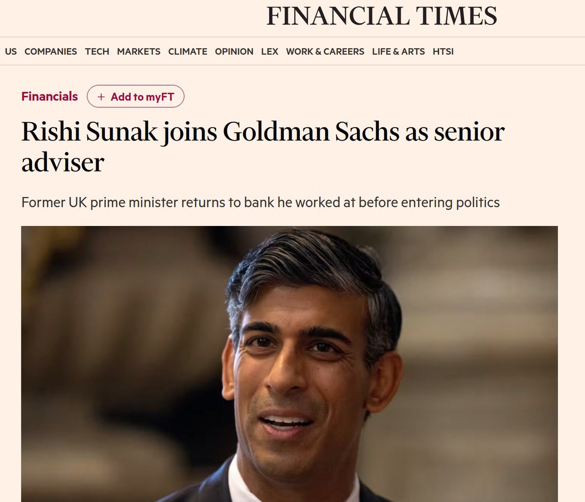 The UK's former Prime Minister Rishi Sunak (who has over $860 million in wealth) is returning to work at Wall Street investment bank Goldman Sachs, where he started his career.

Western governments are not "democracies"; they are capitalist oligarchies.

ft.com/content/522607…