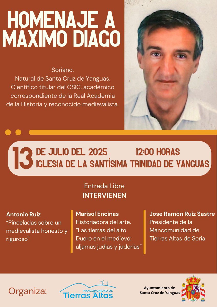 IES Antonio Machado (@iesmachado) on Twitter photo Este domingo desde las 12:00 h. en la iglesia de la Santísima Trinidad de Santa Cruz de Yanguas se homenajea al investigador e historiador Máximo Diago, natural de la Villa.
En el homenaje, organizado por <a href="/TierrasAltasSO/">Mancomunidad Tierras Altas de Soria</a>, participará nuestro compañero y amigo Antonio Ruiz López. Este domingo desde las 12:00 h. en la iglesia de la Santísima Trinidad de Santa Cruz de Yanguas se homenajea al investigador e historiador Máximo Diago, natural de la Villa.
En el homenaje, organizado por <a href="/TierrasAltasSO/">Mancomunidad Tierras Altas de Soria</a>, participará nuestro compañero y amigo Antonio Ruiz López.