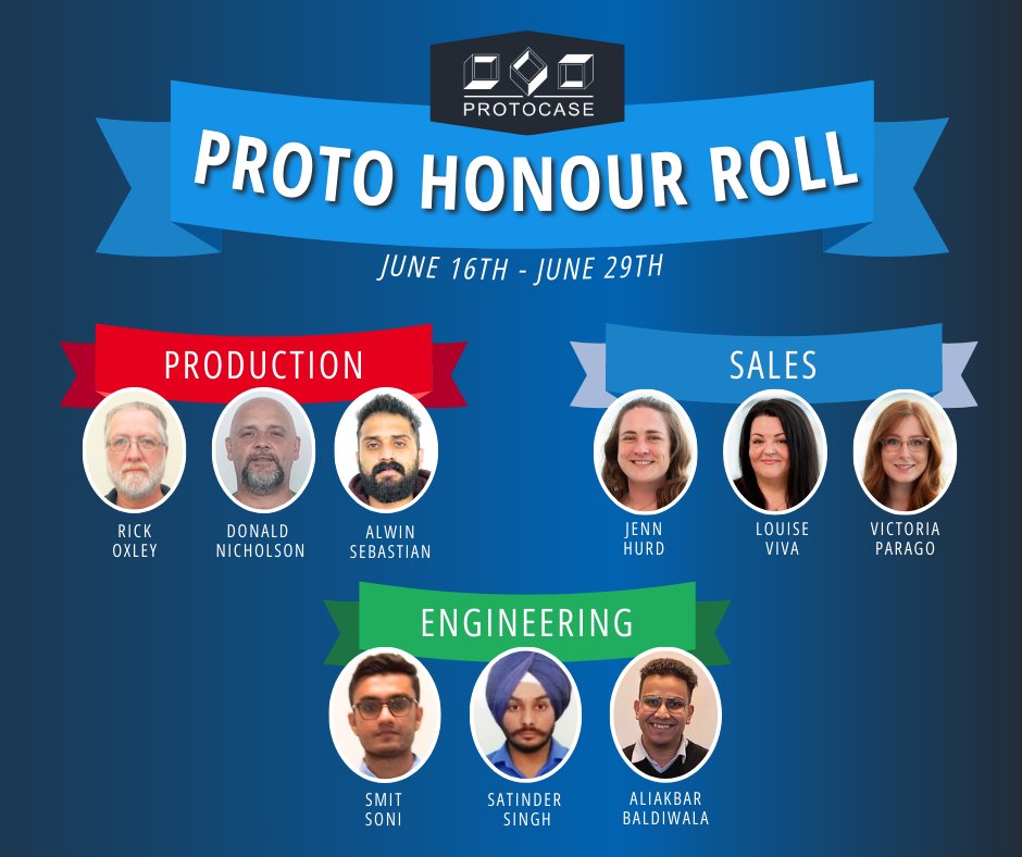 Big congratulations to our Proto Honour Roll team!
Your hard work, dedication, and commitment to excellence haven’t gone unnoticed. Thanks for everything you do to make Protocase what it is—keep being awesome!

Production: Rick Oxley, Donald Nicholson &amp; Alwin Sebastian
Sales: