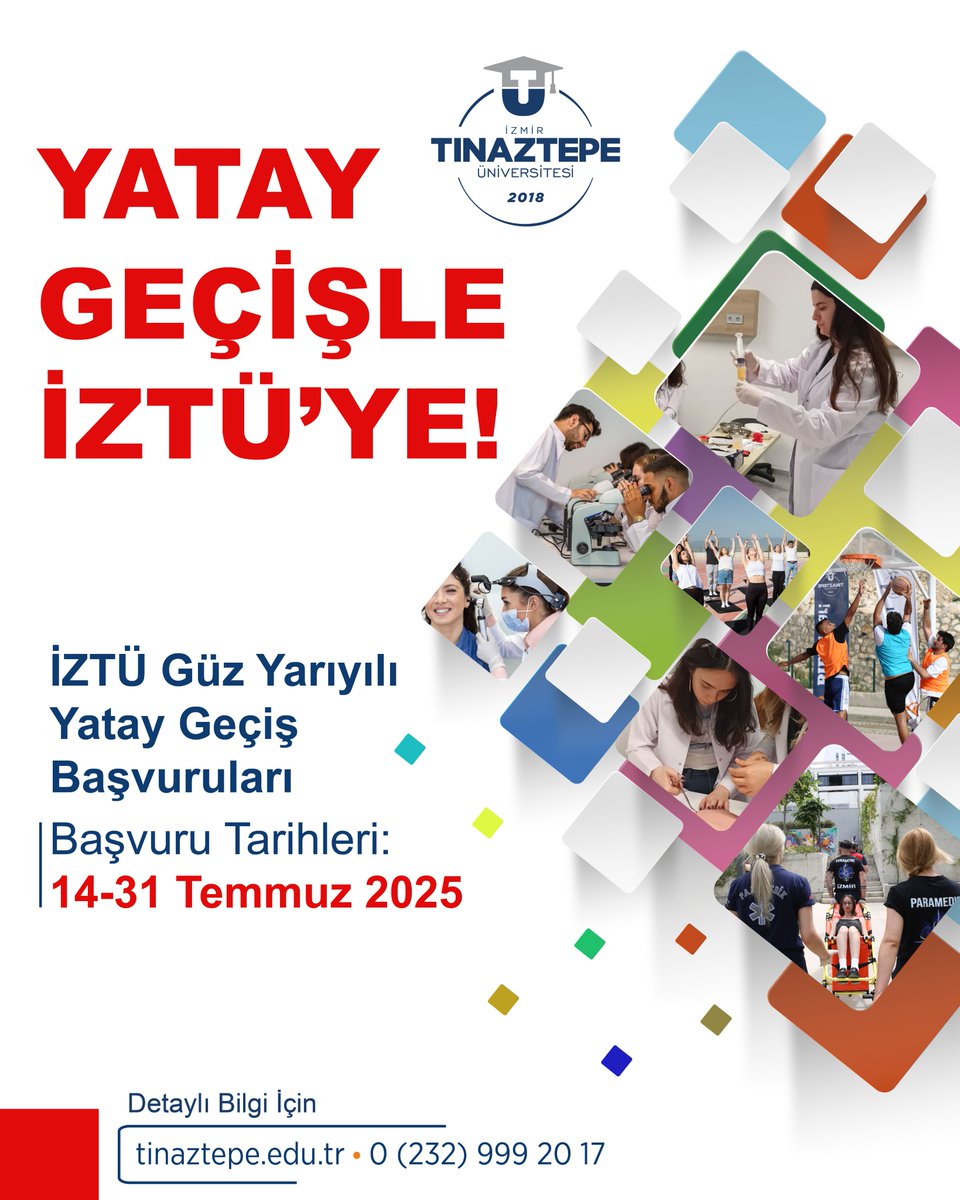 Yatay Geçişle İZTÜ'ye!

İZTÜ Güz Yarıyılı Yatay Geçiş Başvuruları
🔵 Başvuru Tarihleri: 14-31 Temmuz 2025

Detaylı bilgi için: tinaztepeedu.tr

#izmirtınaztepeüniversitesi
#yataygeçiş