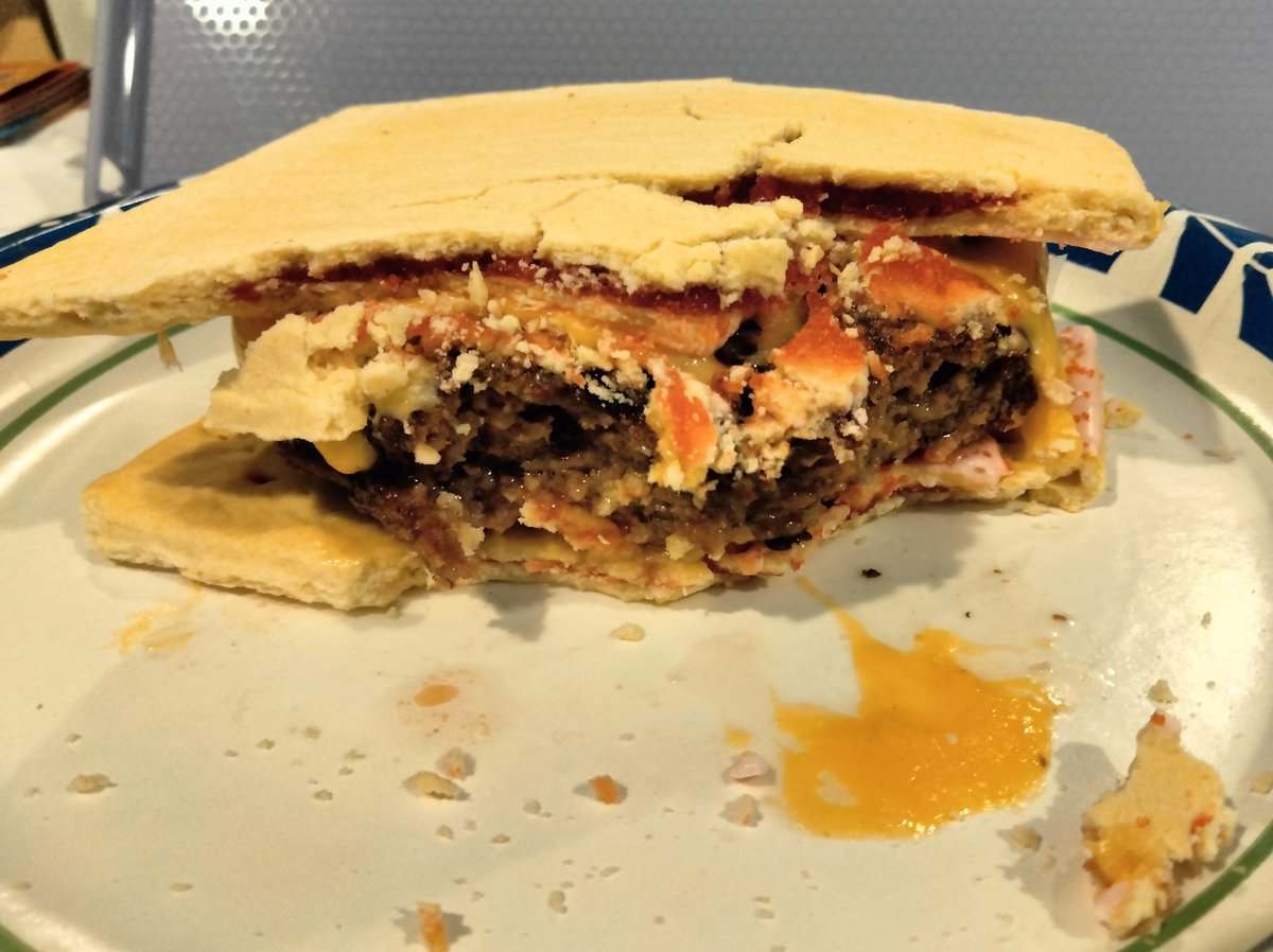 TheSiGuy's tweet image. No hamburger bun? No problem.
Not as good as a Krispy Kreme for a bun, but cherry Pop Tarts work pretty well.