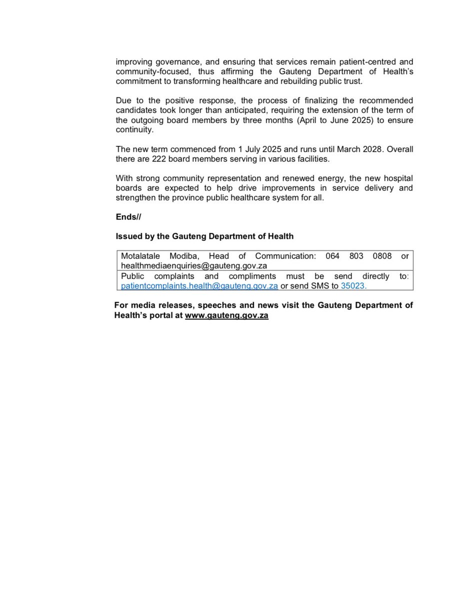 MEDIA STATEMENT || NEW HOSPITAL BOARD MEMBERS TO STRENGTHEN COMMUNITY VOICE ACROSS GAUTENG PUBLIC HOSPITALS