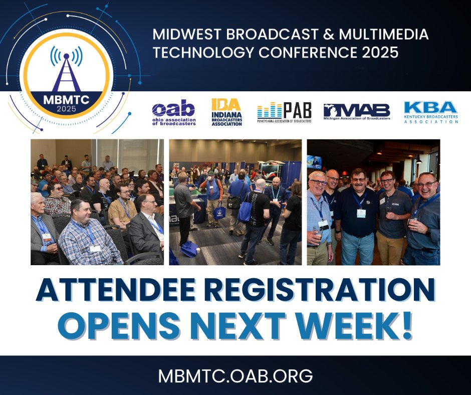 OhioBroadcaster's tweet image. Mark your calendars - attendee registration for #MBMTC2025 will open NEXT WEEK! Join us in Columbus on Sept. 24-25 for two days of education, networking, and exploring the latest innovations in broadcast engineering! Stay tuned for more info at mbmtc.oab.org.