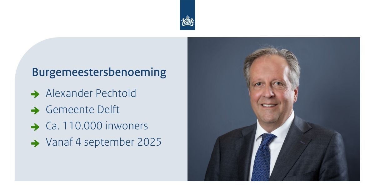 Ministerie van BZK (@minbzk) on Twitter photo Alexander Pechtold is benoemd tot burgemeester van de gemeente Delft. De benoeming gaat in op 4 september 2025. Lees meer: rijksoverheid.nl/actueel/nieuws… <a href="/APechtold/">Alexander Pechtold</a> <a href="/GemeenteDelft/">Gemeente Delft</a> Alexander Pechtold is benoemd tot burgemeester van de gemeente Delft. De benoeming gaat in op 4 september 2025. Lees meer: rijksoverheid.nl/actueel/nieuws… <a href="/APechtold/">Alexander Pechtold</a> <a href="/GemeenteDelft/">Gemeente Delft</a>