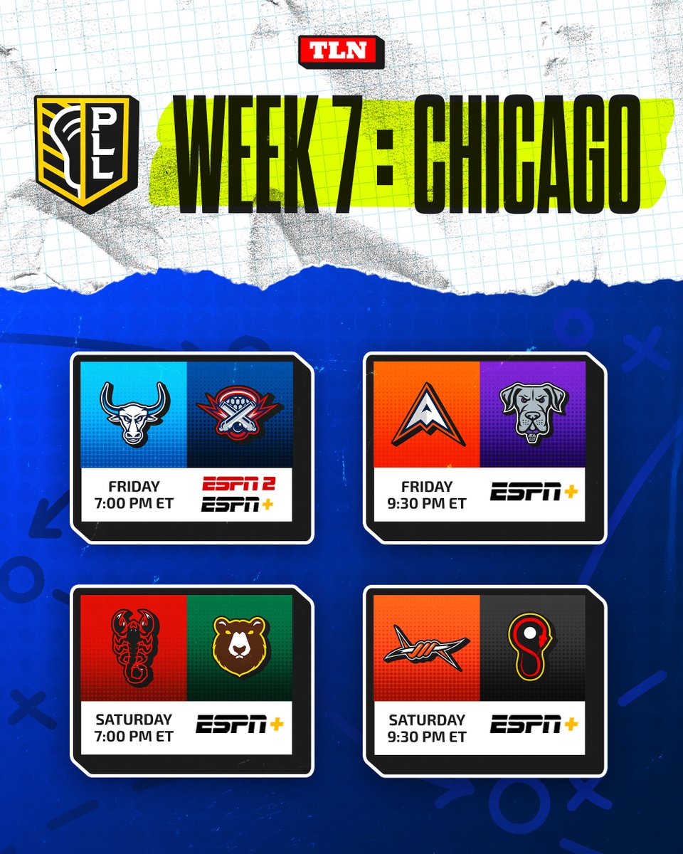 TLN 🥍 (@lacrossenetwork) on Twitter photo Hey, here's the plan for this weekend...
TONIGHT
📺 7 ET — <a href="/PLLAtlas/">New York Atlas</a> vs. <a href="/PLLCannons/">Boston Cannons</a>
📺 9:30 ET — <a href="/PLLArchers/">Utah Archers</a> vs. <a href="/PLLWaterdogs/">Philadelphia Waterdogs</a>
TOMORROW
📺 7 ET — <a href="/PLLChaos/">Carolina Chaos</a> vs. <a href="/PLLRedwoods/">California Redwoods</a>
📺 9:30 ET — <a href="/DenverOutlaws/">Denver Outlaws</a> vs. <a href="/PLLWhipsnakes/">Maryland Whipsnakes</a> Hey, here's the plan for this weekend...
TONIGHT
📺 7 ET — <a href="/PLLAtlas/">New York Atlas</a> vs. <a href="/PLLCannons/">Boston Cannons</a>
📺 9:30 ET — <a href="/PLLArchers/">Utah Archers</a> vs. <a href="/PLLWaterdogs/">Philadelphia Waterdogs</a>
TOMORROW
📺 7 ET — <a href="/PLLChaos/">Carolina Chaos</a> vs. <a href="/PLLRedwoods/">California Redwoods</a>
📺 9:30 ET — <a href="/DenverOutlaws/">Denver Outlaws</a> vs. <a href="/PLLWhipsnakes/">Maryland Whipsnakes</a>
