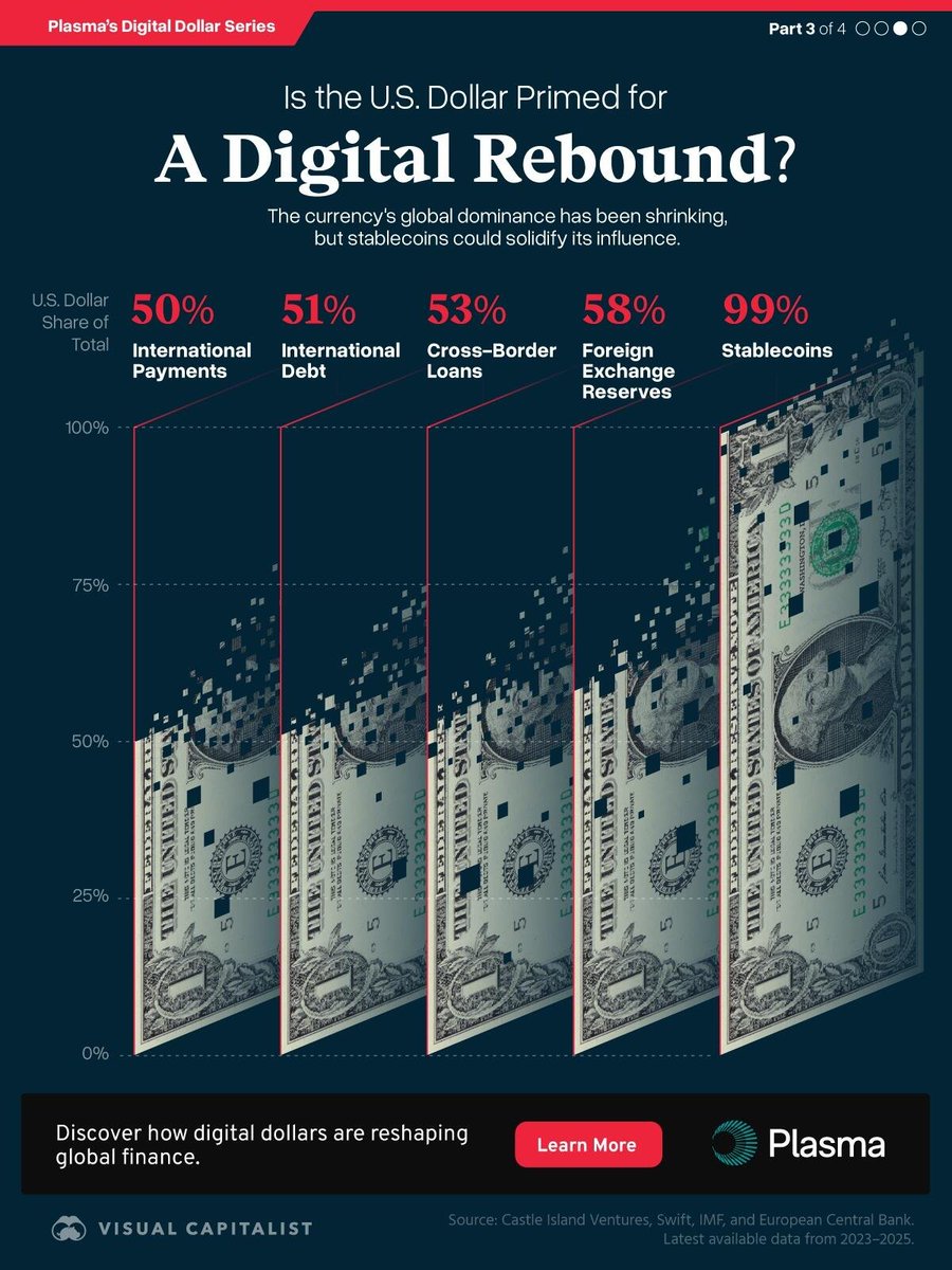 □ 스테이블 코인으로 하는 MAGA 달러가 기축통화 지위가 없어지고 있다는 근거로 드는게, 국제 결제, 국제 부채, 외환보유고에서의  비율입니다. 특히 외환보유고는 서서히 감소해서 현재 58%입니다. 반면 스테이블 코인의 99%는 모두 달러에 페깅되어있고, 이걸
