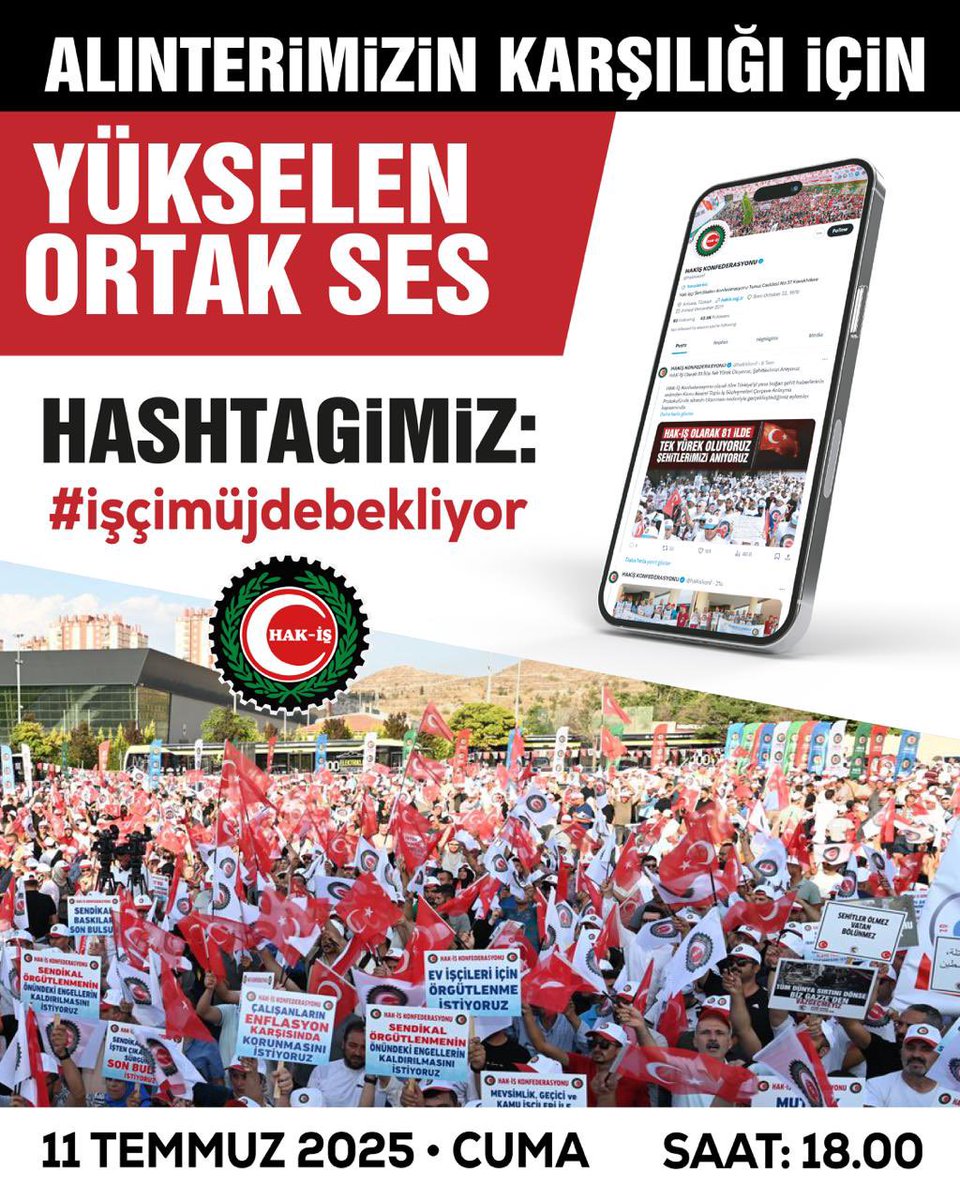 HAK-İŞ olarak, kamu emekçilerimizin haklı mücadelesini görünür kılmak için tüm kamu emekçilerini #işçimüjdebekliyor hashtagi altında birleşmeye; <a href="/tcbestepe/">T.C. Cumhurbaşkanlığı</a>, <a href="/HMBakanligi/">T.C. Hazine ve Maliye Bakanlığı</a> ve <a href="/csgbakanligi/">T.C. Çalışma ve Sosyal Güvenlik Bakanlığı</a> hesaplarını etiketleyerek sesimizi birlikte yükseltmeye davet ediyoruz.

Bugün saat 18.00’da