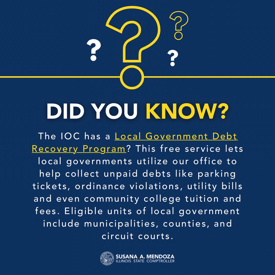 Did you know the IOC has a Local Government Debt Recovery Program? You can learn more the Illinois Comptroller website. illinoiscomptroller.gov/constituent-se…