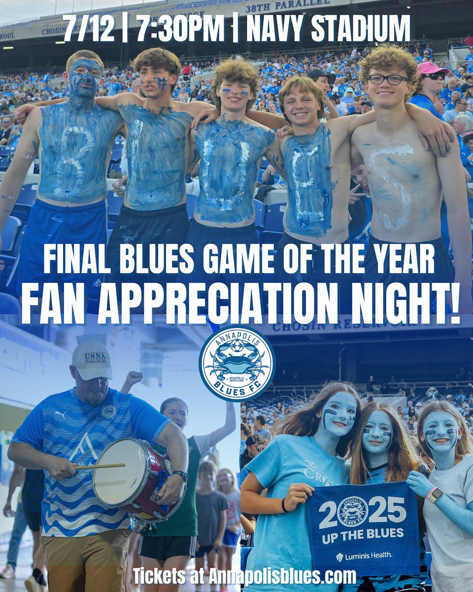 Final Match Of The Year, This Saturday 🥹

Annapolis, it’s been one heck of a season, and we want to thank 🫵 for the unbelievable support this Summer! 

One more match to go, let’s blow this one up and send the boys off the right way! 🎟️ at Annapolisblues.com