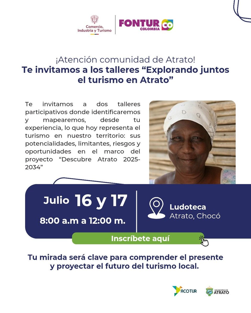 Ya casi nos vemos, El Atrato! 🌿✨
Este 16 y 17 de julio nos encontraremos en los talleres 'Explorando juntos el turismo en El Atrato', para conversar, reflexionar y soñar colectivamente el turismo que queremos para el territorio 💬💚.

📍 Lugar: Ludoteca
🔗 Inscríbete aquí: