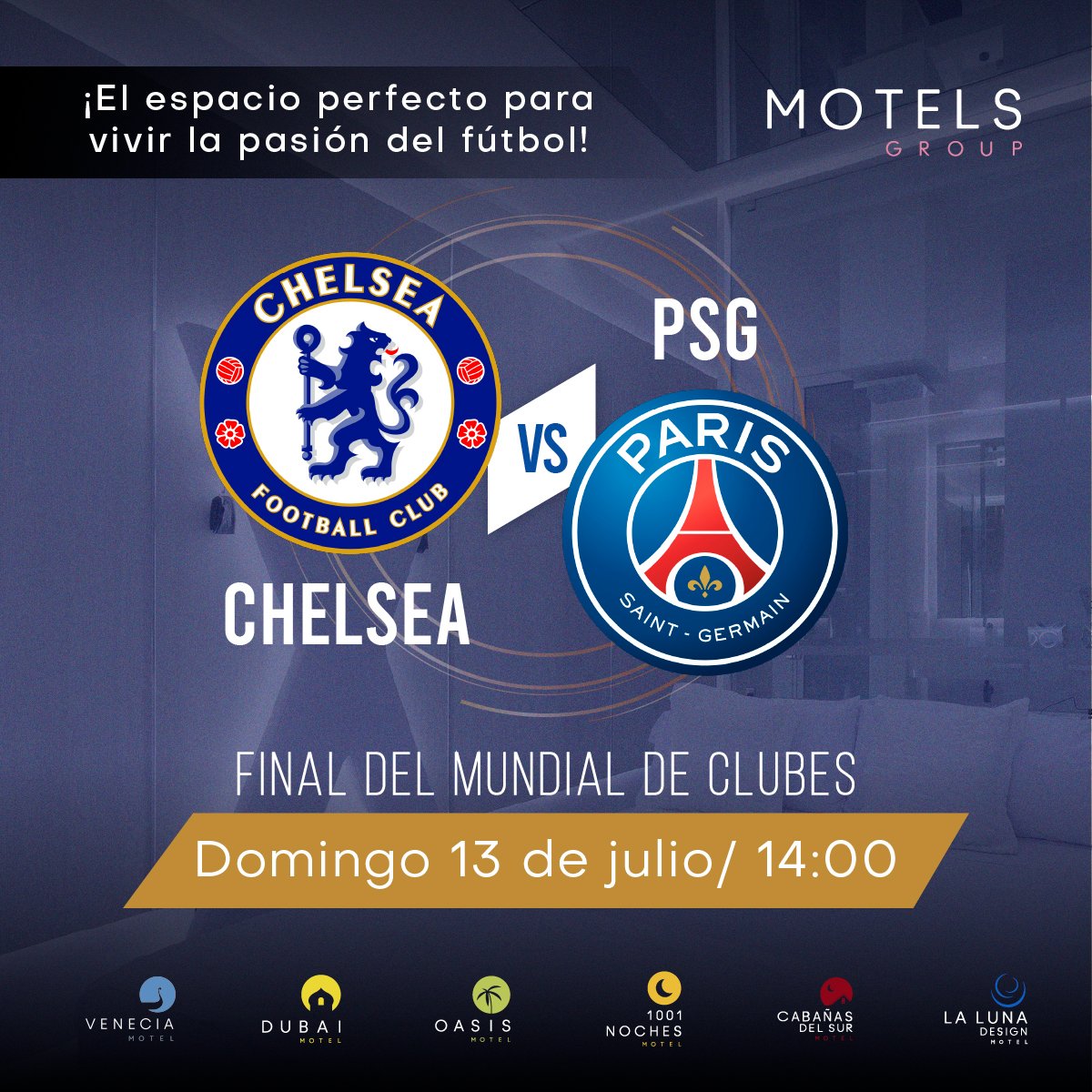 motelsgroup's tweet photo. 🏆 Este #domingo, la pasión no se queda en la cancha 🔥
Ven a #disfrutar la gran final de clubes a las 2 PM en la comodidad y privacidad de Motels Group. 

⚽ Porque los partidos se viven mejor en pareja. 😍
#FinalEnMotelsGroup #FútbolEnPareja #DomingoDePasión https://t.co/13vmMFekmz