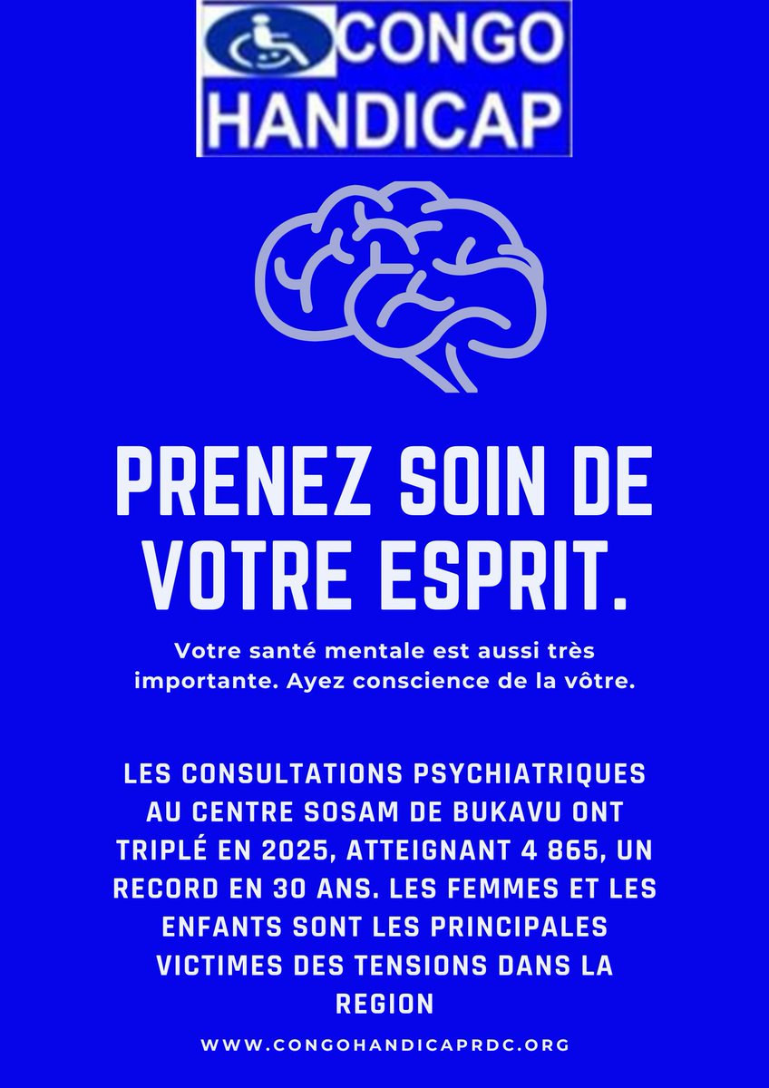 Morkit Monga Kitulo (@morkitmonga) on Twitter photo Les consultations psychiatriques au Centre SOSAM de Bukavu ont triplé en 2025, atteignant 4 865, un record en 30 ans. Les femmes et les enfants sont les principales victimes des tensions dans la région
<a href="/CongoHandicap/">Congo Handicap</a> <a href="/OMSRDCONGO/">OMS RDC</a> <a href="/WHO/">World Health Organization (WHO)</a> <a href="/UNOCHA_DRC/">OCHA DRC</a> <a href="/UKinDRC/">UK in DRC</a> <a href="/FCDOGovUK/">Foreign, Commonwealth & Development Office</a> <a href="/PNUDRDC/">PNUD RDC</a> Les consultations psychiatriques au Centre SOSAM de Bukavu ont triplé en 2025, atteignant 4 865, un record en 30 ans. Les femmes et les enfants sont les principales victimes des tensions dans la région
<a href="/CongoHandicap/">Congo Handicap</a> <a href="/OMSRDCONGO/">OMS RDC</a> <a href="/WHO/">World Health Organization (WHO)</a> <a href="/UNOCHA_DRC/">OCHA DRC</a> <a href="/UKinDRC/">UK in DRC</a> <a href="/FCDOGovUK/">Foreign, Commonwealth & Development Office</a> <a href="/PNUDRDC/">PNUD RDC</a>