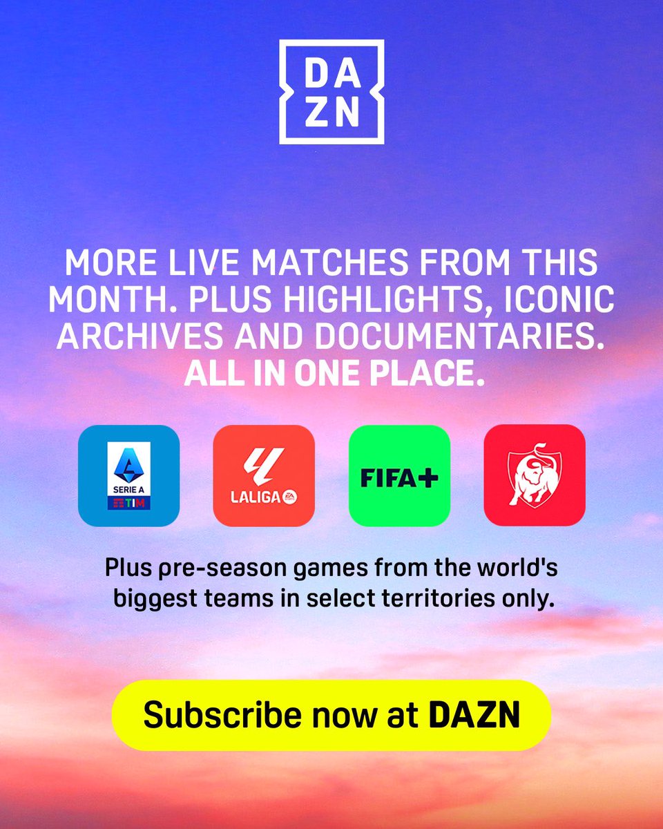 DAZNFootball's tweet image. There’s 𝘼 𝙇𝙊𝙏 𝙈𝙊𝙍𝙀 Football coming to DAZN. ⚽️
Subscribe now at DAZN.com and don’t miss a single goal! 🔥
𝘖𝘯𝘭𝘺 𝘪𝘯 𝘴𝘦𝘭𝘦𝘤𝘵𝘦𝘥 𝘵𝘦𝘳𝘳𝘪𝘵𝘰𝘳𝘪𝘦𝘴.
