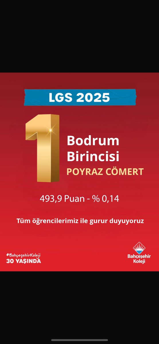 🏆2025 LGS’de Bodrum 1.si olan öğrencimiz Poyraz Cömert'i kutluyor, kendisine destek olan ailesine ve öğretmenlerimize teşekkür ediyoruz. ♥️💙

#bahçeşehirkoleji
#bahçeşehirkolejibodrum
#LGS2025