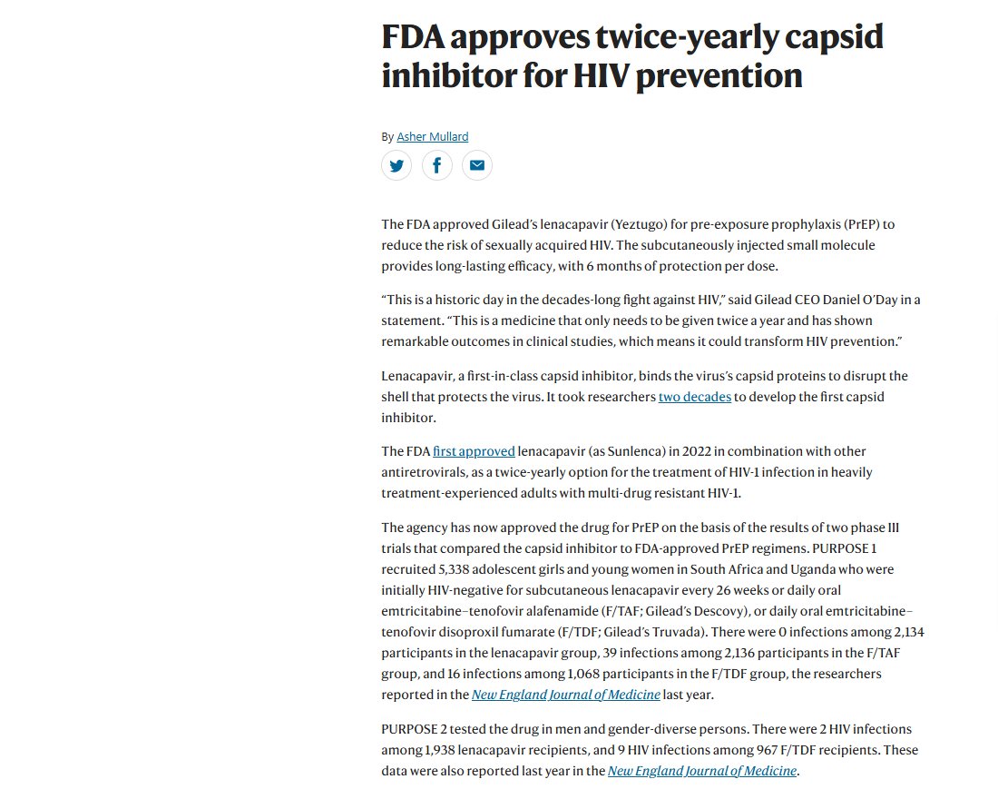 NatRevDrugDisc's tweet image. FDA approves twice-yearly capsid inhibitor for HIV prevention
nature.com/articles/d4157…