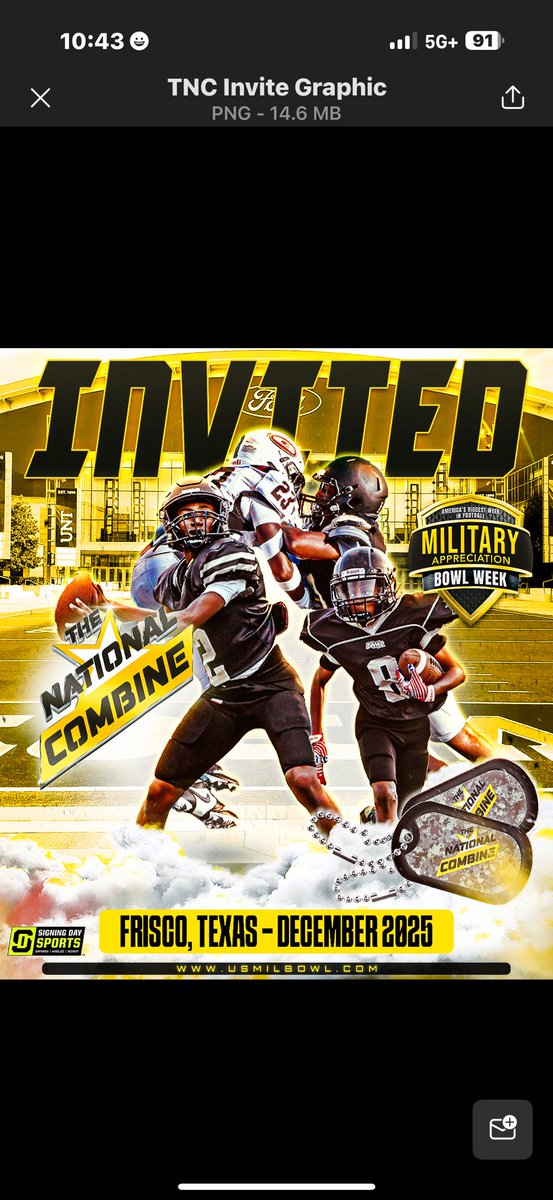 Received my official invite to #TheNationalCombine—thankyou <a href="/USArmyBowl/">Military Appreciation Bowl Week</a> and <a href="/GregCooperUSA/">Natl Recruiting Dir | Military Appreciation Bowl</a>