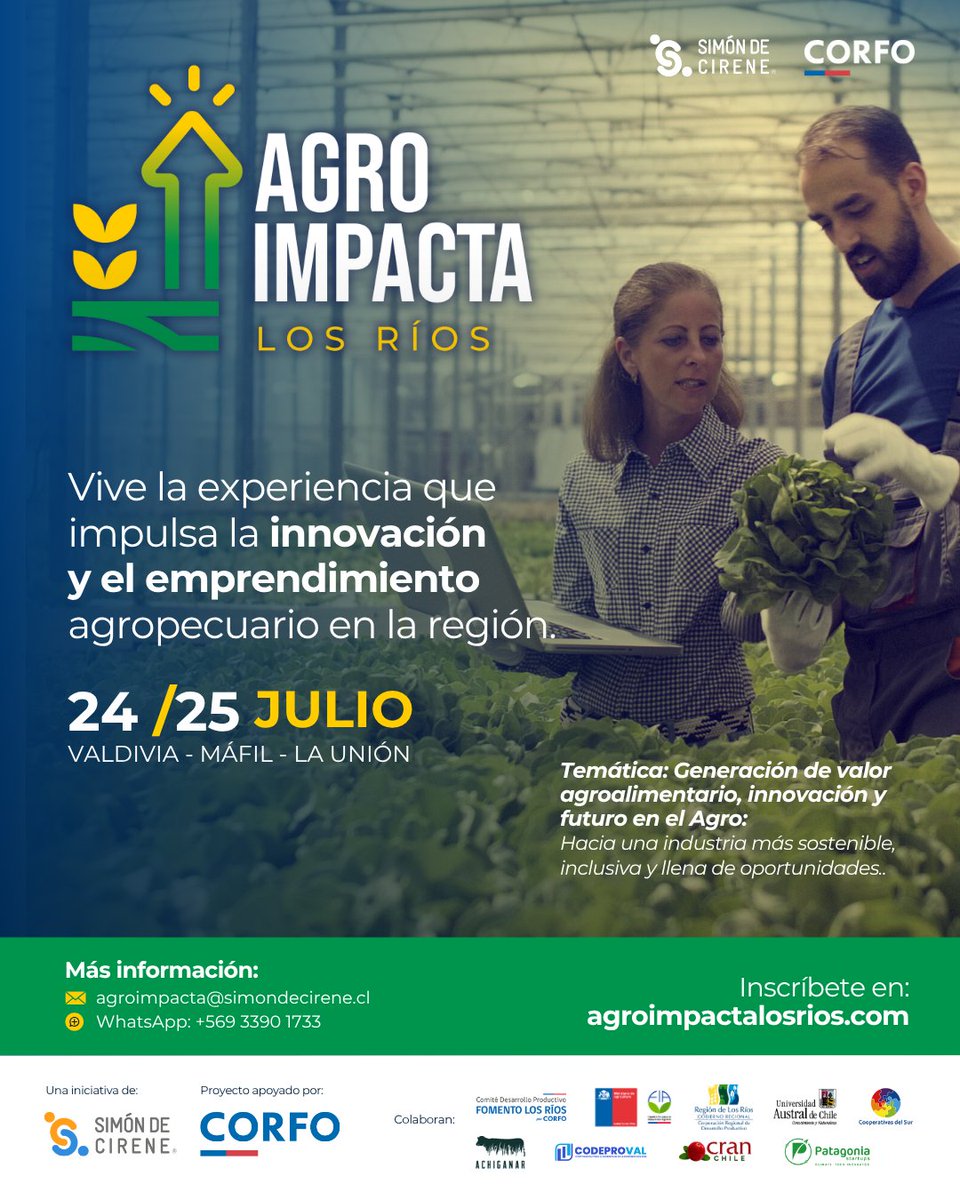 Corporación de Desarrollo Productivo Los Ríos (@corporacionlosr) on Twitter photo ¡Todos invitad@s a #AgroImpactaLosRíos🌱! Este es evento gratuito apoyado por <a href="/Corfo/">Corfo</a> y <a href="/fomentolosrios/">@FomentoLosRios</a>, y ejecutado por <a href="/Simon_Cirene/">Simón de Cirene</a> que promueve conexiones reales para el desarrollo agropecuario de la región. Para más información, revisa agroimpactalosrios.com ¡Todos invitad@s a #AgroImpactaLosRíos🌱! Este es evento gratuito apoyado por <a href="/Corfo/">Corfo</a> y <a href="/fomentolosrios/">@FomentoLosRios</a>, y ejecutado por <a href="/Simon_Cirene/">Simón de Cirene</a> que promueve conexiones reales para el desarrollo agropecuario de la región. Para más información, revisa agroimpactalosrios.com