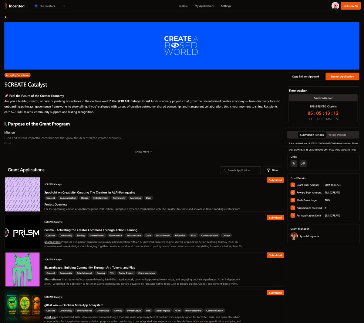 GM ✨
There are still 4 days left to apply for <a href="/BasedCreators/">The Creators</a> fund via <a href="/GetIncented/">Incented</a>! I just applied for <a href="/alana_xyz/">ALANA</a> yesterday, and the process was super smooth and easy. 
👇👇👇
incented.co/details/3e05c3…