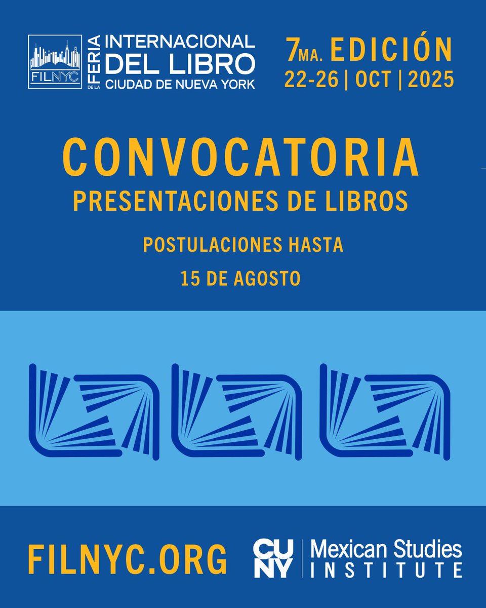 📣CONVOCATORIA PARA ESCRITORXS DENTRO Y FUERA DE EE.UU.

✍🏻 La FILNYC abre un espacio para dar a conocer las novedades editoriales en español y propiciar el diálogo entre creadorxs y lectores. 

🔗 Bases y Formulario de registro aquí: filnyc.org/programa-2025/…

#filnyc2025