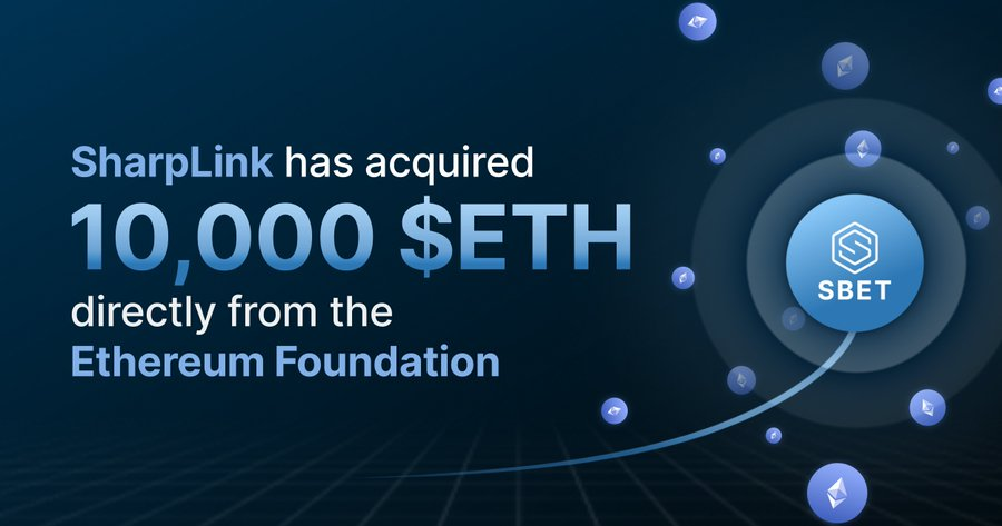 🚨BREAKING $NEWS: ETHEREUM TREASURY COMPANY SHARPLINK GAMING $SBET PURCHASES 10,000 ETH (~$26M) DIRECTLY FROM ETHEREUM FOUNDATION FOR $2,572/ETH