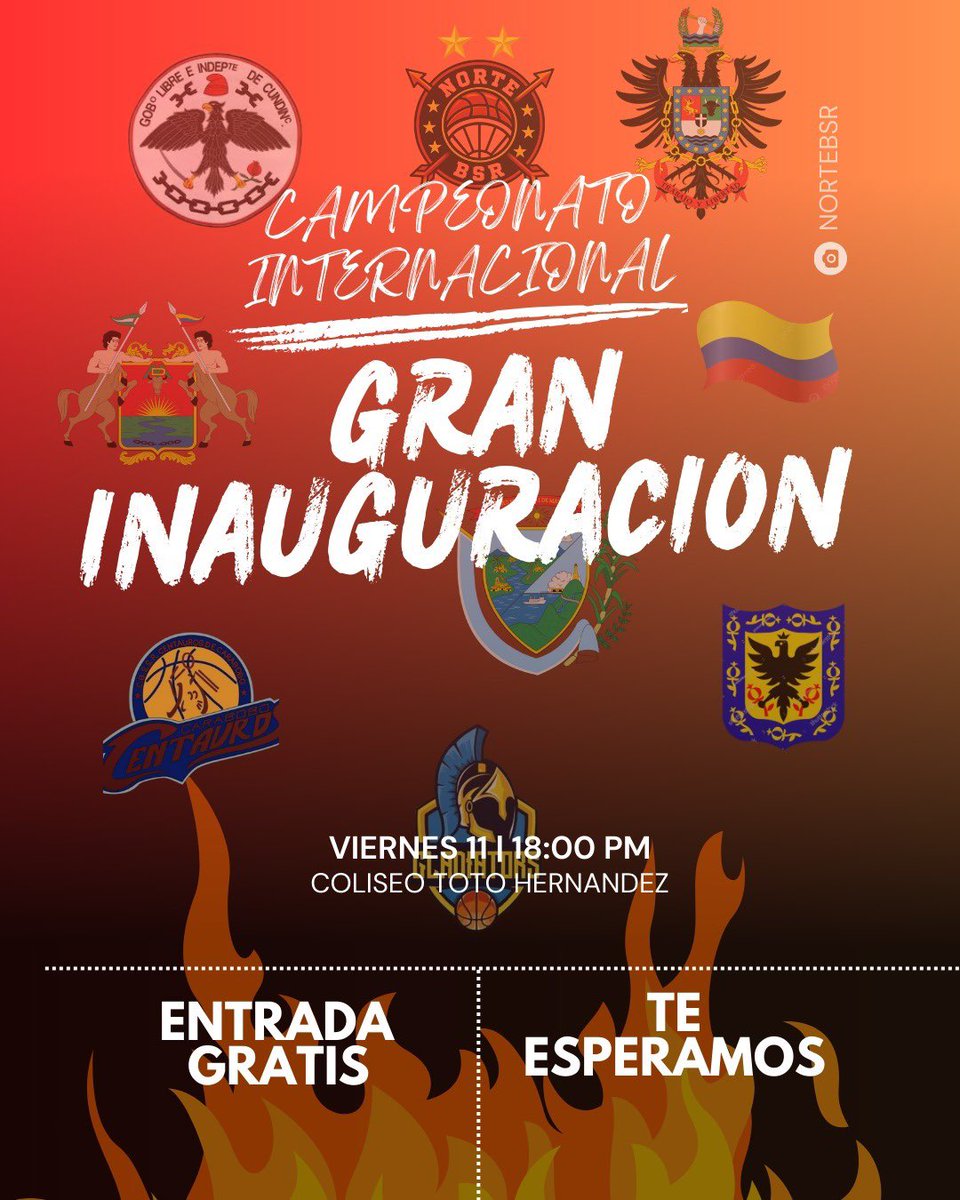 Te esperamos hoy 11 de julio a las 6:00 p.m. en el Coliseo “Toto” Hernández para la Gran inauguración de el Torneo Interligas Federado🔥🏀

¡Es entrada libre!

#BSR
