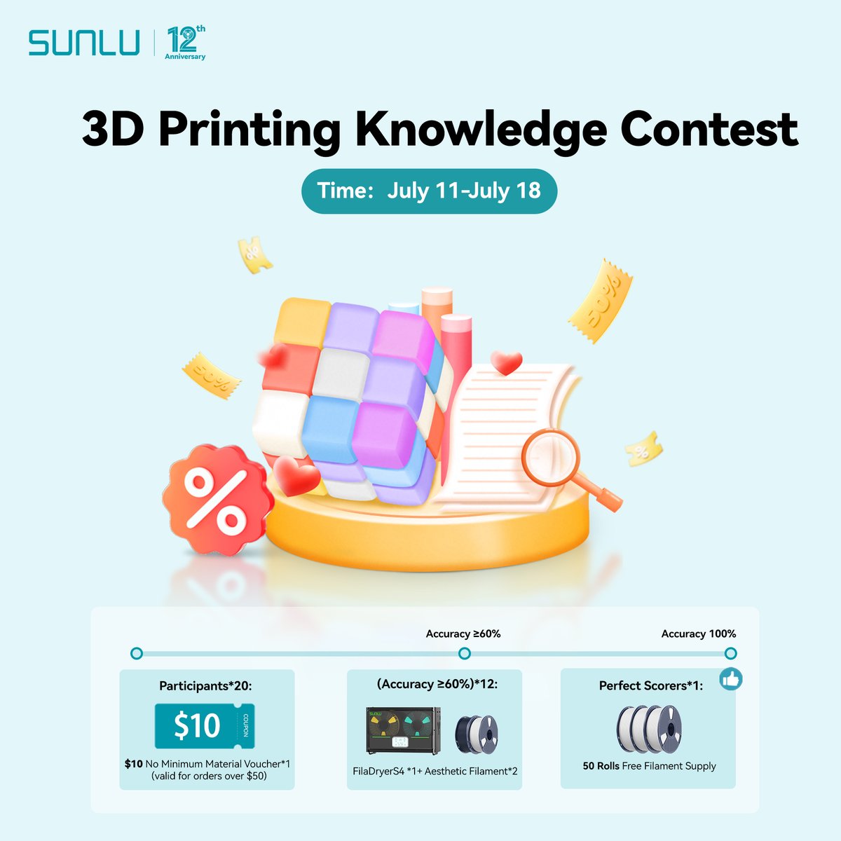 sunluofficial's tweet image. 🔥SUNLU 12th Anniversary Special Event: 3D Printing Knowledge Challenge🎯
💎For 12 years, we've dedicated ourselves to innovating 3D printing materials: thanks for every maker's support! Now, test your 3D printing expertise with our fun quiz and win anniversary rewards!…